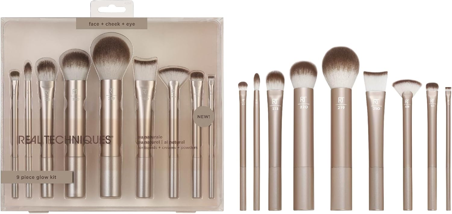 REAL TECHNIQUES Au Naturale Make-up Brush Kit, voor foundation, poeders en concealers, premium kwaliteit gezichtsborstels, 9-delige set, goud