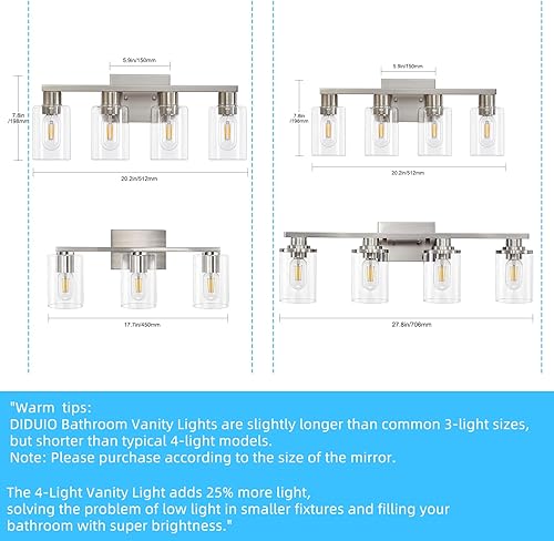 Miniatura 5 de Lámpara de tocador de baño de 4 luces de níquel cepillado para baño, moderno aplique de pared de 4 luces con pantalla de vidrio transparente para