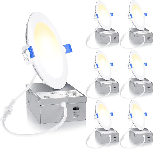 Ensenior lumière LED encastrée slim de 4 pouces avec boîte de jonction, 3000K/4000K/5000K changeable, 9W équivalent 75W, éclairage de plafond dimmable certifié IC, 750LM haute luminosité (paquet de 6)