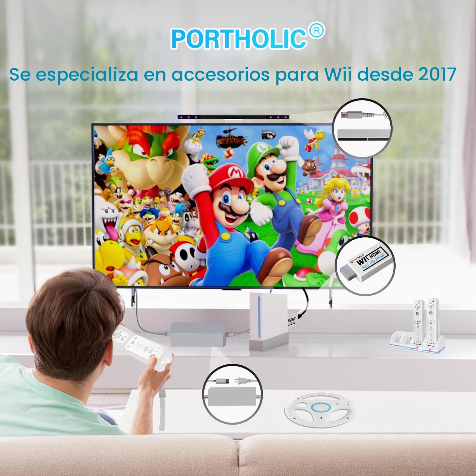 PORTHOLIC 4 en 1 Wii - Juego de Cables de Repuesto Wii AC + convertidor Wii a HDMI + Barra de Sensor de Movimiento con Cable y Cable de Audio y Video Compuesto para Nintendo