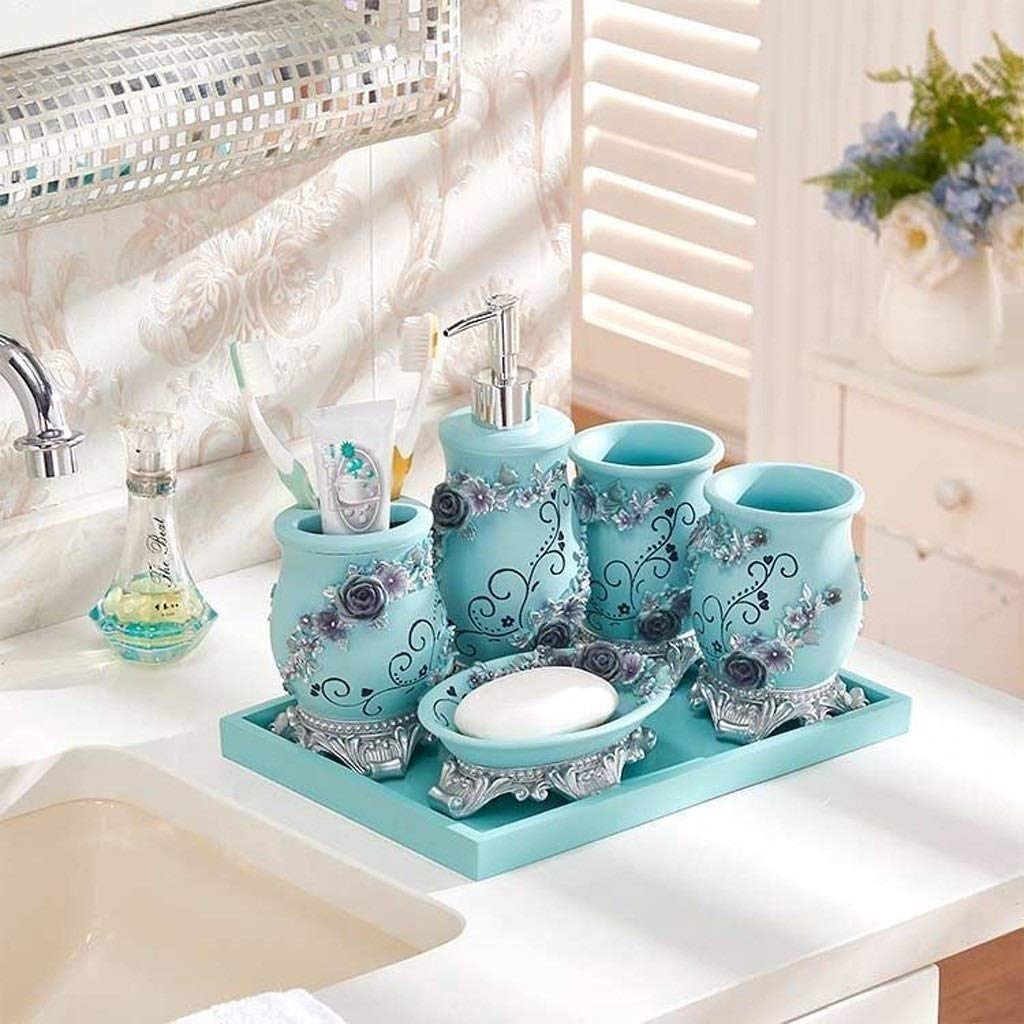 Dosificador de jabón Hogar Baño Tridimensional de Lavado de Grabado Decorativo dispensador de jabón de Mano del Sistema de Seis Piezas de combinación (Azul) dispensador de jabón líquido