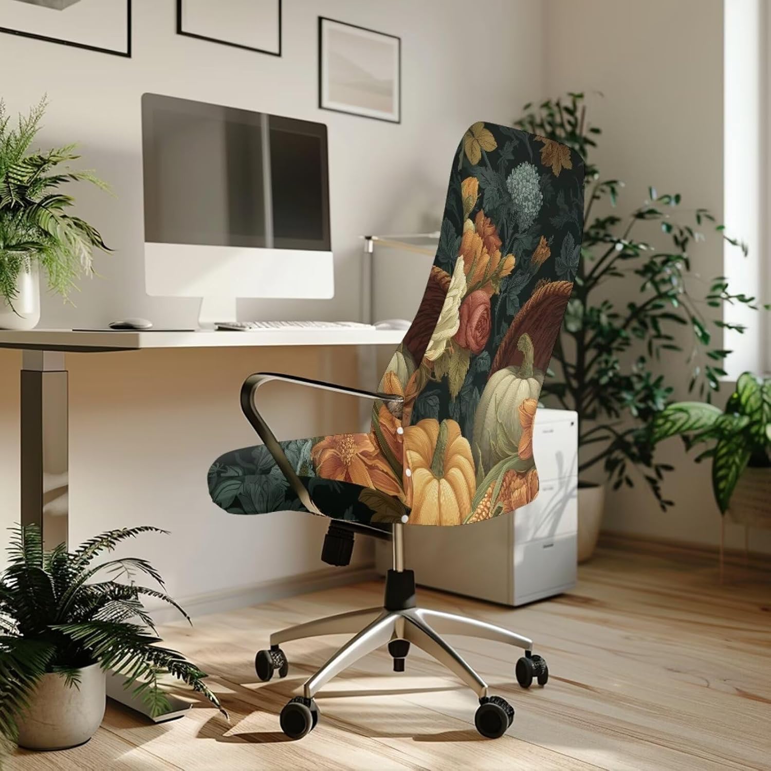 Cute Pumpkin Office Chair Covers Stretch Desk Chair Cover, Jacquard Executive Computer Chairs Covers for Armrest Chairs, Non Slip Home Seat Cover Protector Slipcover Size S