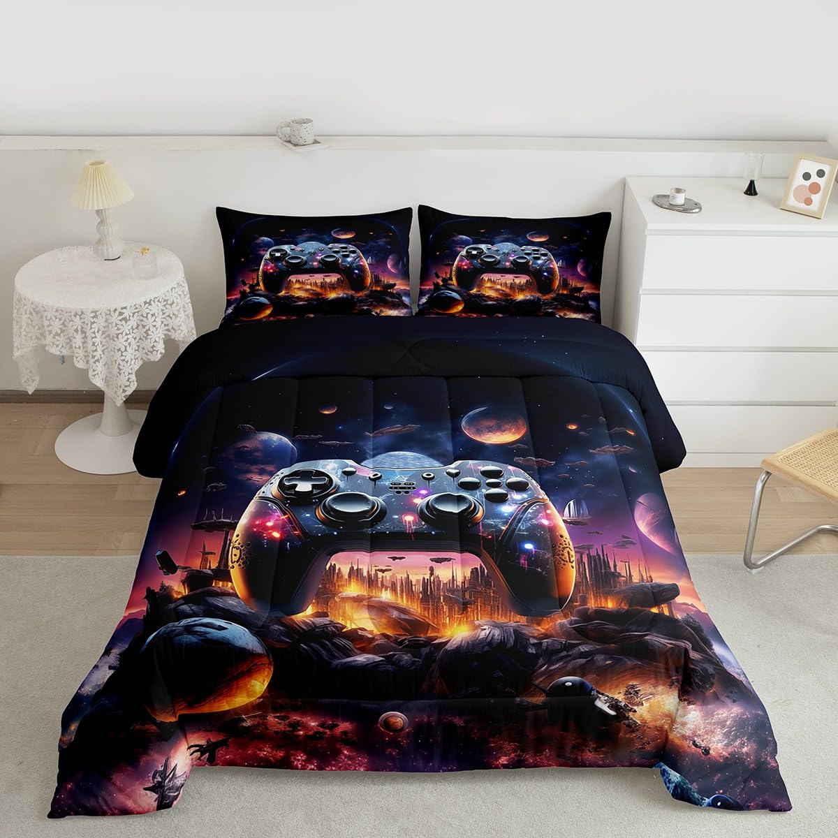 Gamepad Reversible Print Comforter Set for Boys Teens,Starry Galaxy Planets Spaceships Video Games All Season Cozy Bedding Set,Neon Mystic Universe