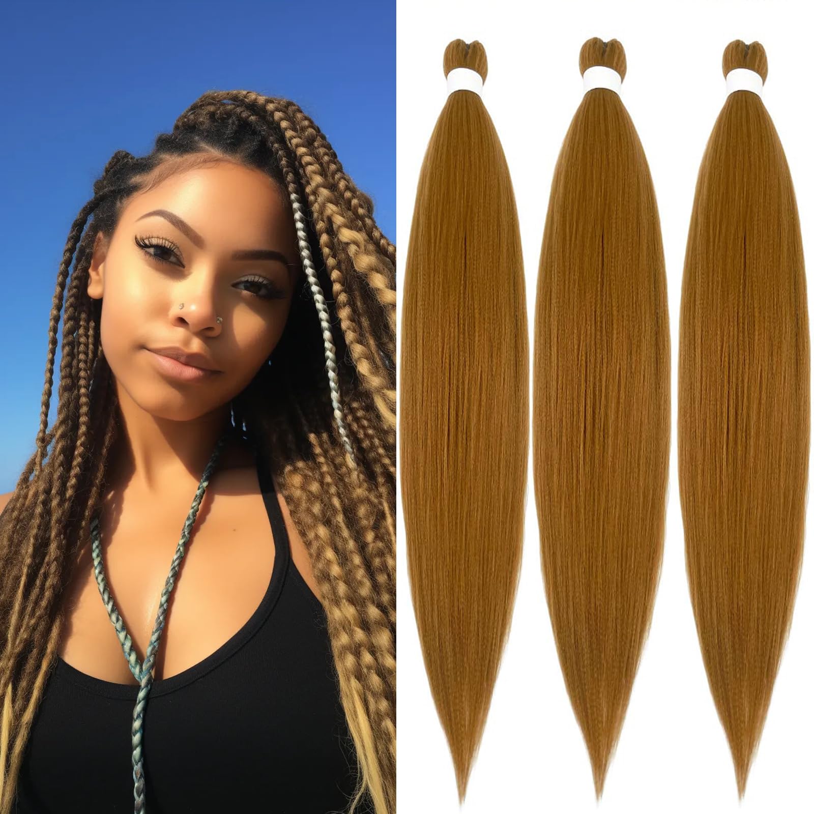 Braiding Hair Pre Stretched for Women Hair Extensions Box Braids Soft Synthetic Knotless Yaki Texture Hot Water Setting Braid Brown (26inch 3Packs)