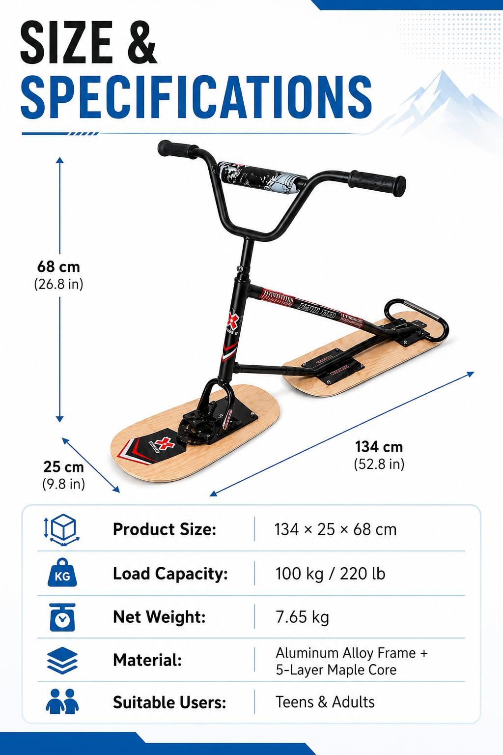 Nuovo Modello Di Snow Scooter/Slitta Con Sci, Manubrio Antiscivolo E Sci Per Tutti I Terreni, Facile Usare, Sicuro, Con Sterzo A 360°, Ideale Per Stazioni Sciistiche E Piste Sci Naturalwoodcolor