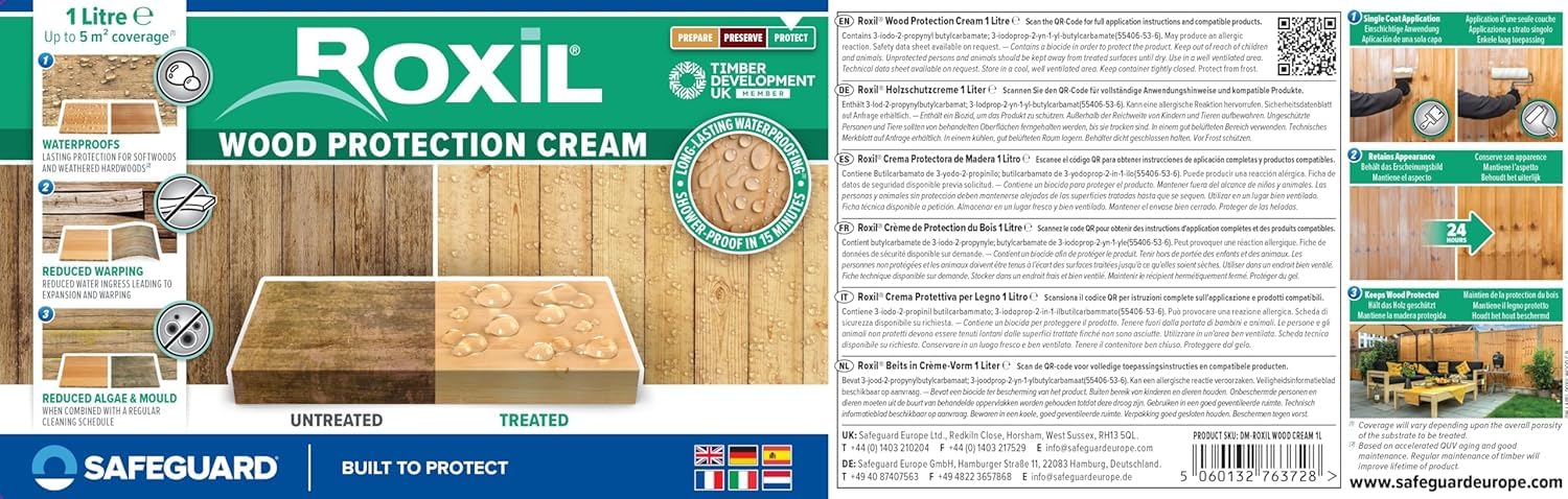 Roxil Crème Imperméabilisante pour Bois - 3 litres - Jusqu'à 10 ans de Protection Imperméabilisante Hydrofuge pour Bois - Protection pour : Clôtures, Meubles, Abris. 5m2 par litre