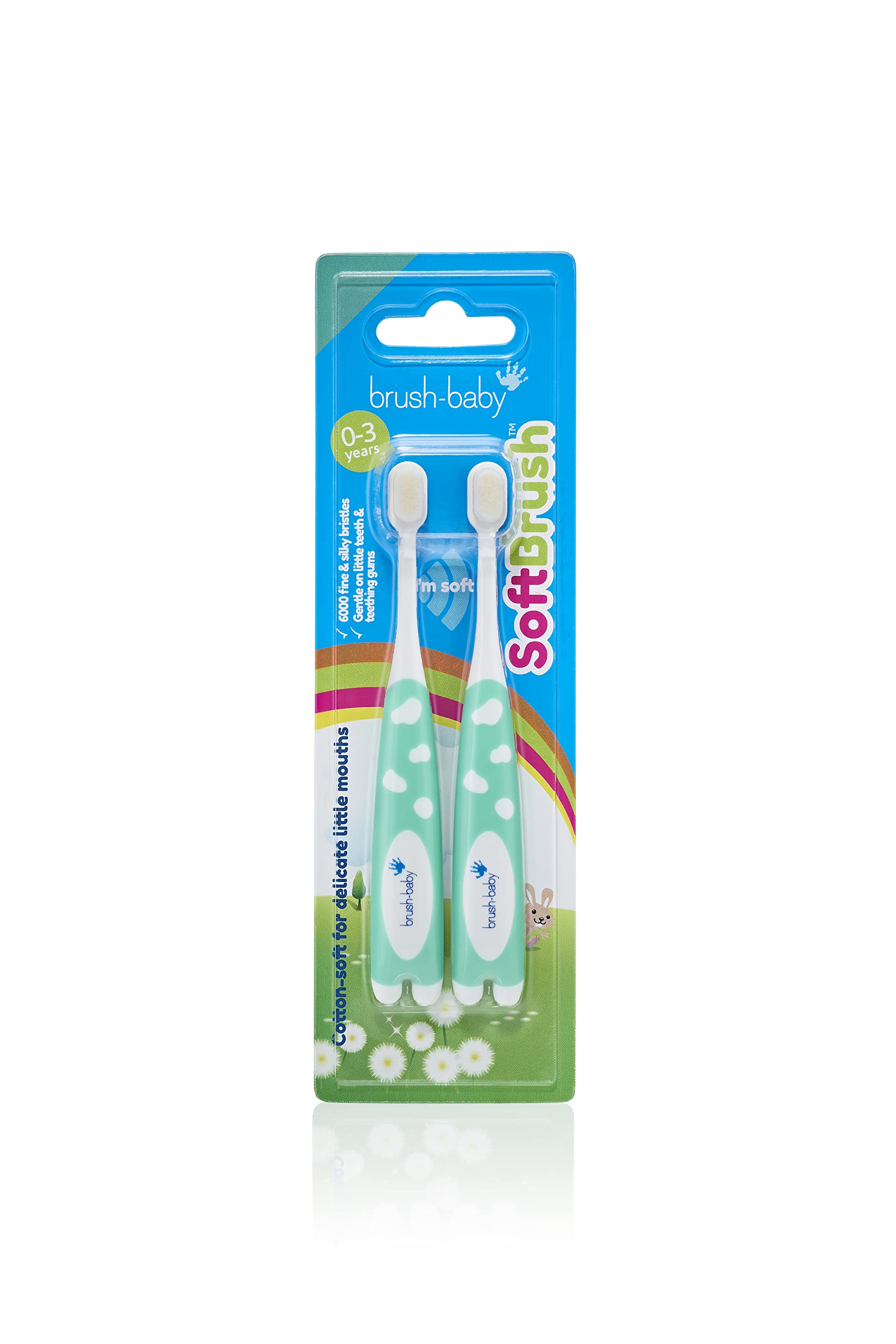 Brush-Baby FirstBrush Gentle Baby Toothbrush for Infants and Toddlers, Oral Care for First Teeth and Teething, Soft Bristles and Tiny Head, 0-18 Months, Recyclable, BPA-Free, Blue/Pink/Teal