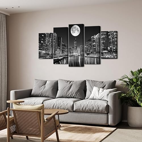 Miniatura 4 de Biuteawal Arte de pared de 5 paneles de paisaje urbano en la noche de la luna, pintura moderna de ciudad en blanco y negro para el hogar, oficina,