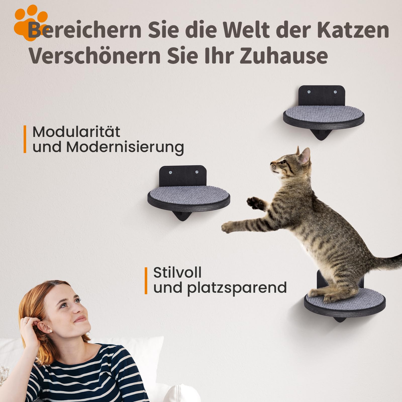 Premium Kletterwand Katzen aus Birkenholz | 3er-Set Katzentreppen mit Kratzflächen | Wandmontage Katzenleiter | Kletternetz für Katzen