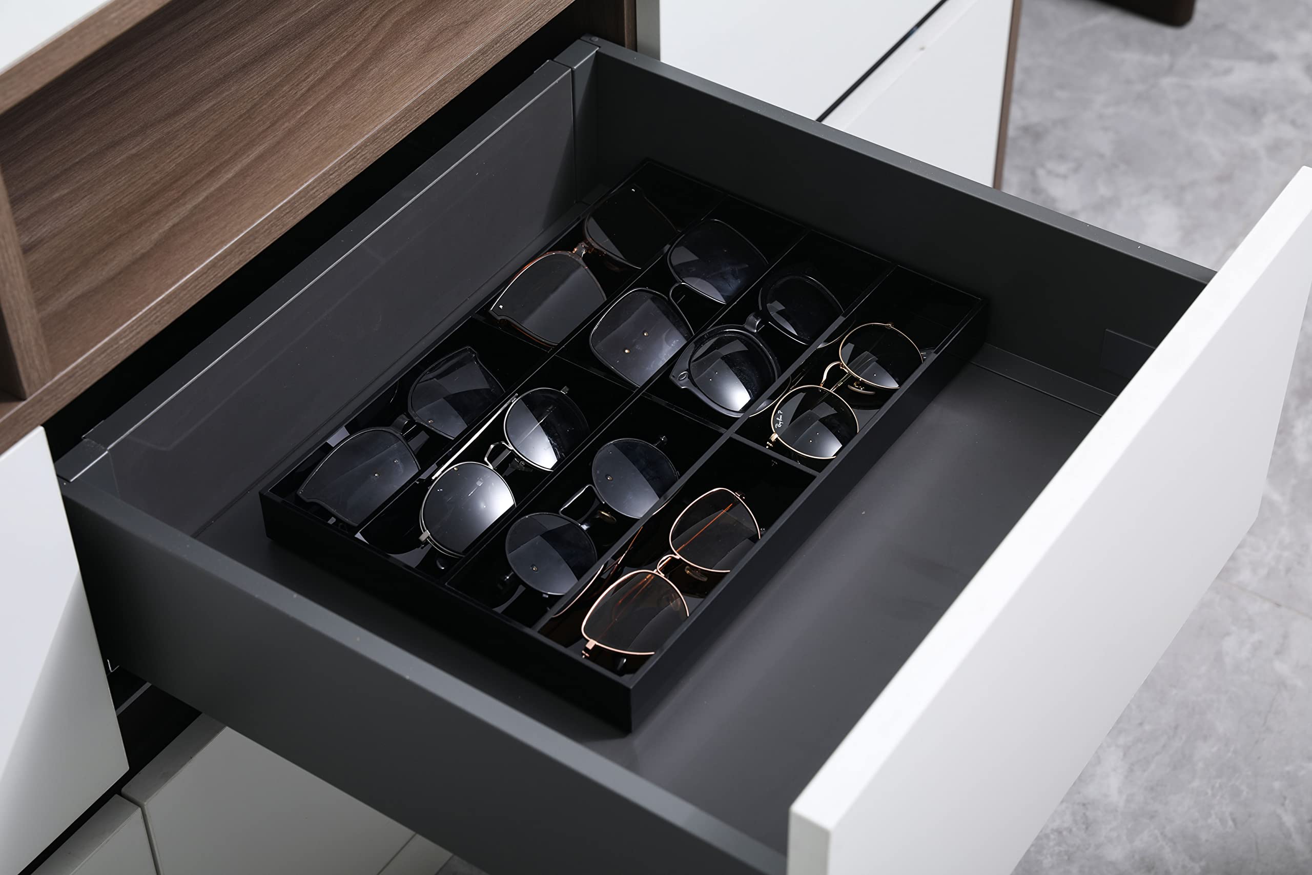 MyGift Premium Black Acrylic Tabletop Sunglass Holder Storage Tray with 8 Compartments, Sunglasses, Reading Glasses, Eyewear, Jewelry Display Case Drawer Organizer with Multiple Slots
