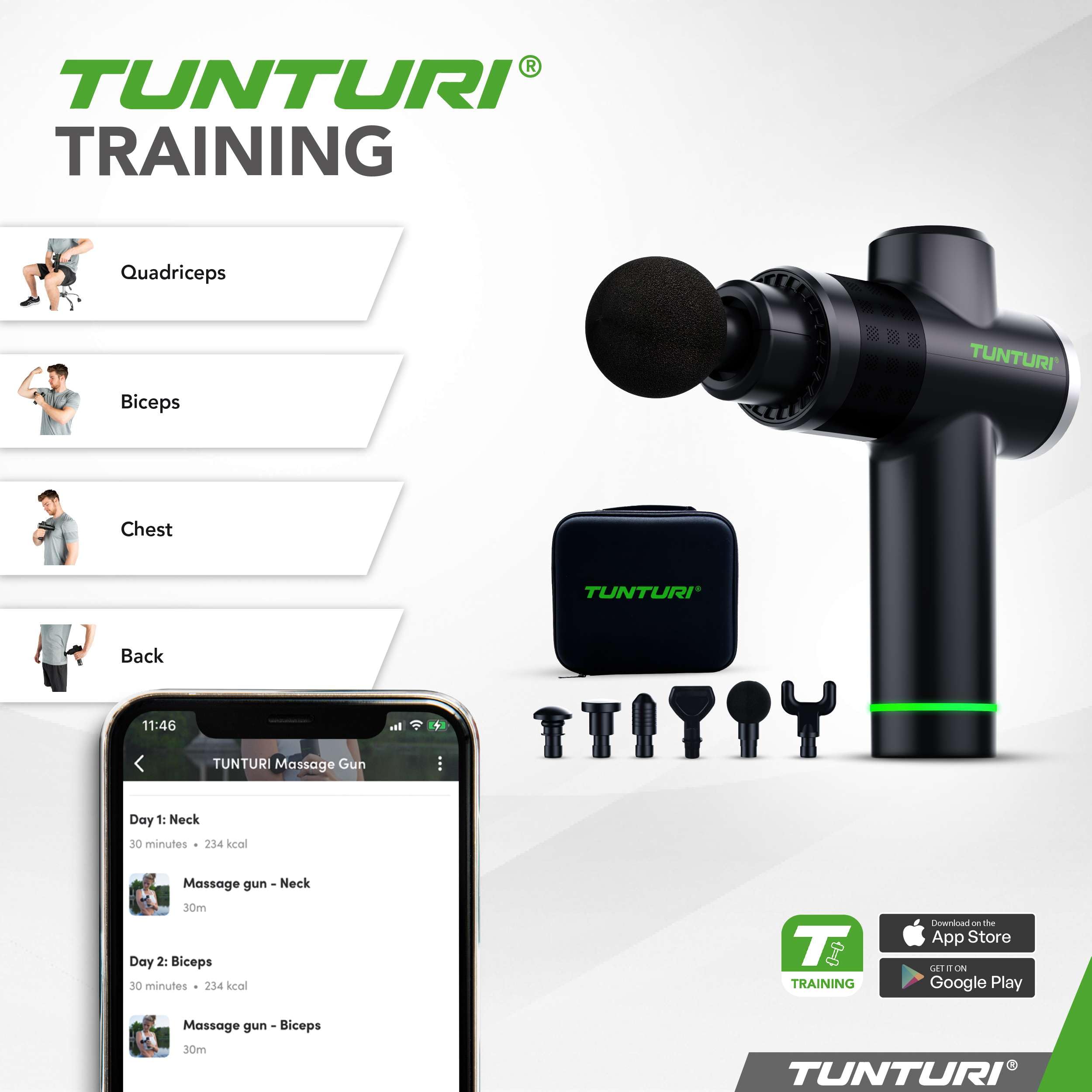 Pistolet de Massage Tunturi MG40 – Appareil de Massage avec Multi-Poignée – Inclus 6 embouts et valise – Extra puissant et silencieux – Incl. application gratuite