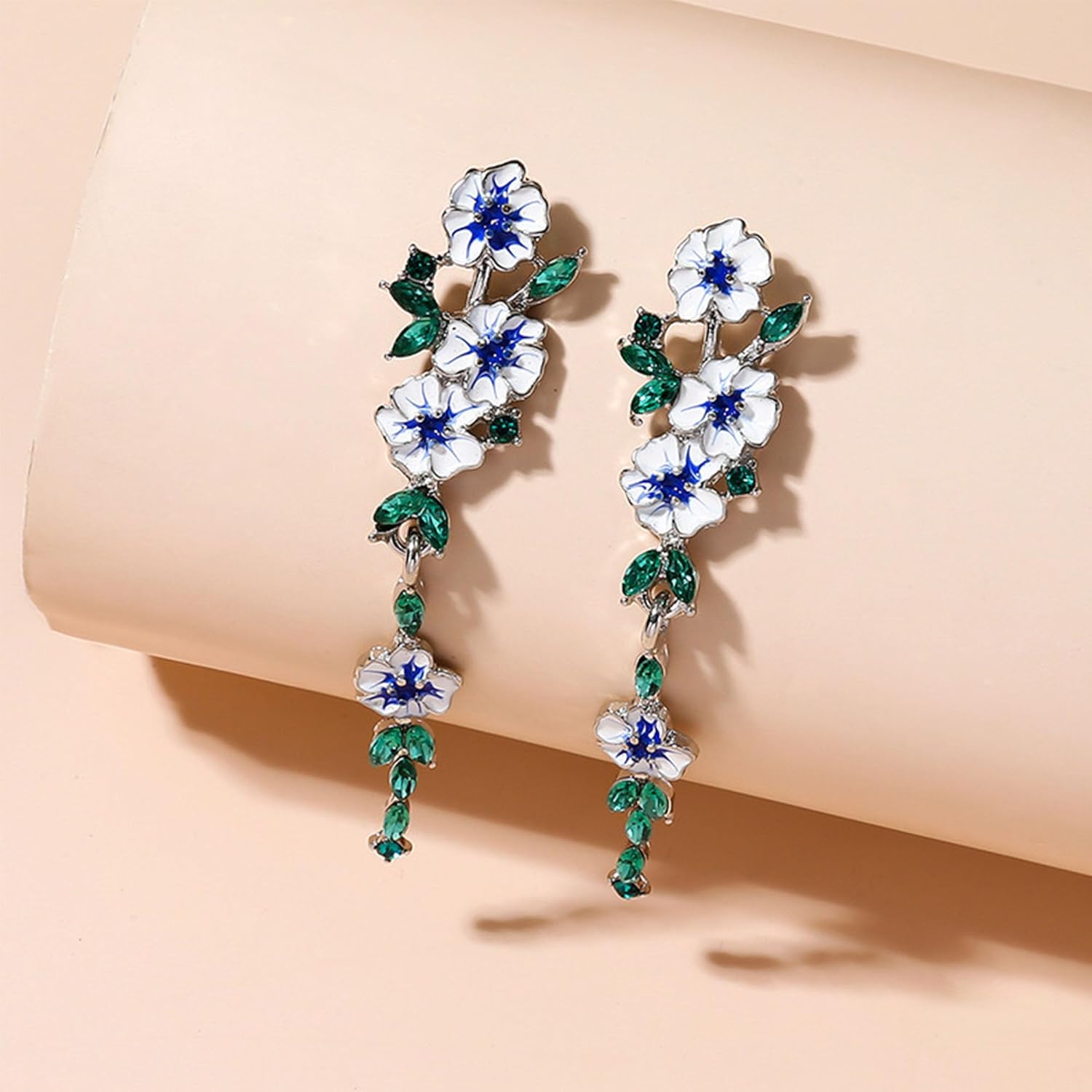 Blue Flower Long Dangle Drop Stud Earrings for Women Zircon Green Leaf Flower Dangling Earrings Birthday Jewelry - Image 6
