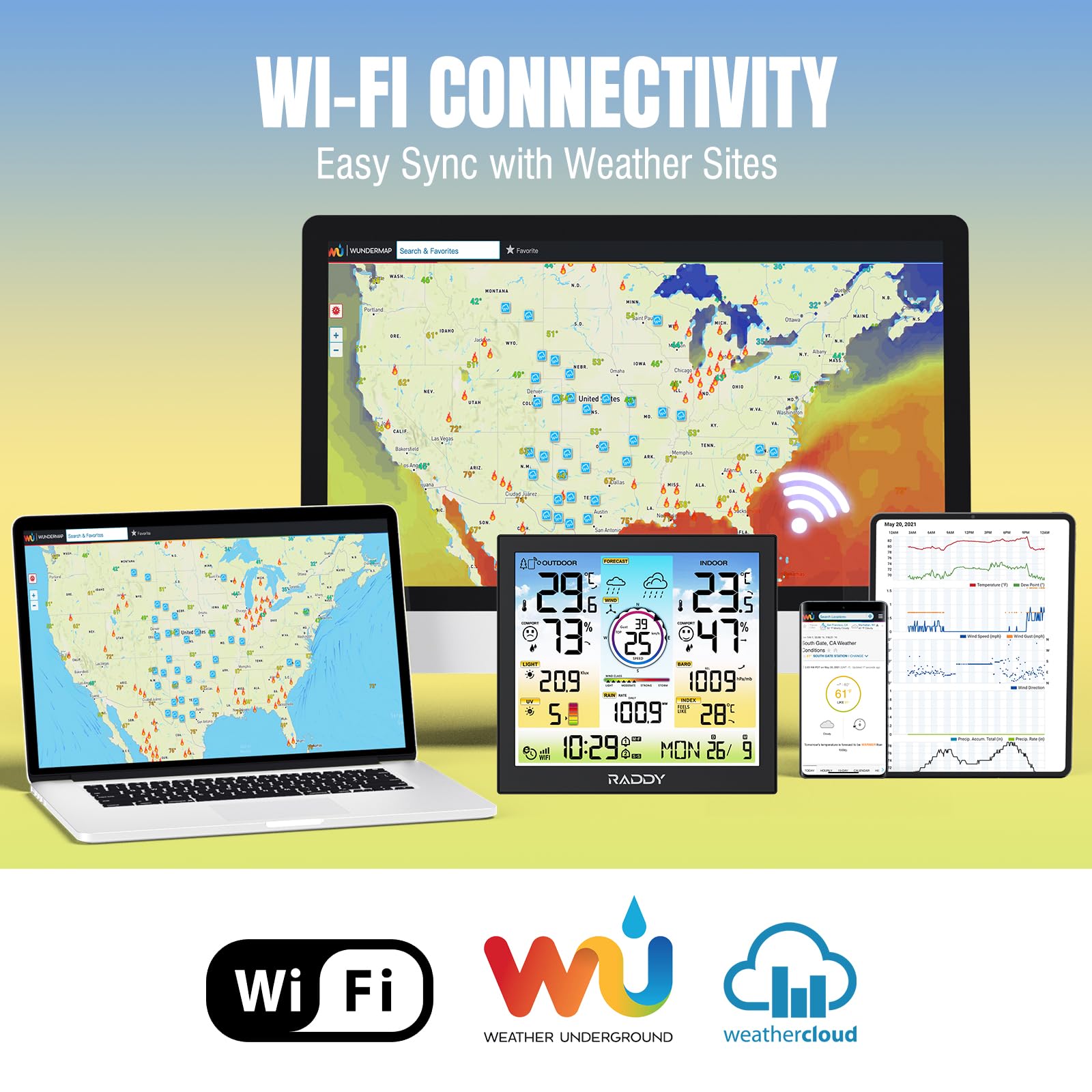 Raddy WF-120C WiFi Estación meteorológica profesional inalámbrica, Monitor de temperatura y humedad para interiores y exteriores con sensor exterior 7 en 1, Pronóstico del tiempo e índice UV