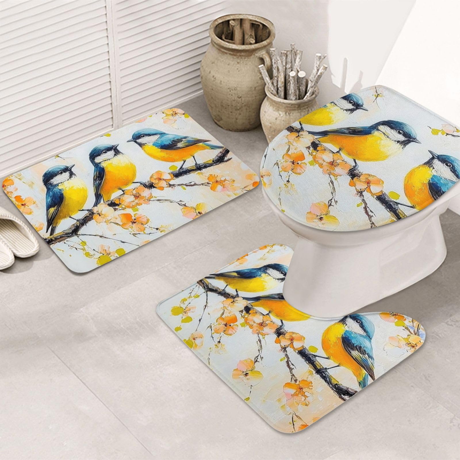 Alfombras de baño de pájaros y flores, juego de 3 piezas de microfibra con alfombrilla de contorno