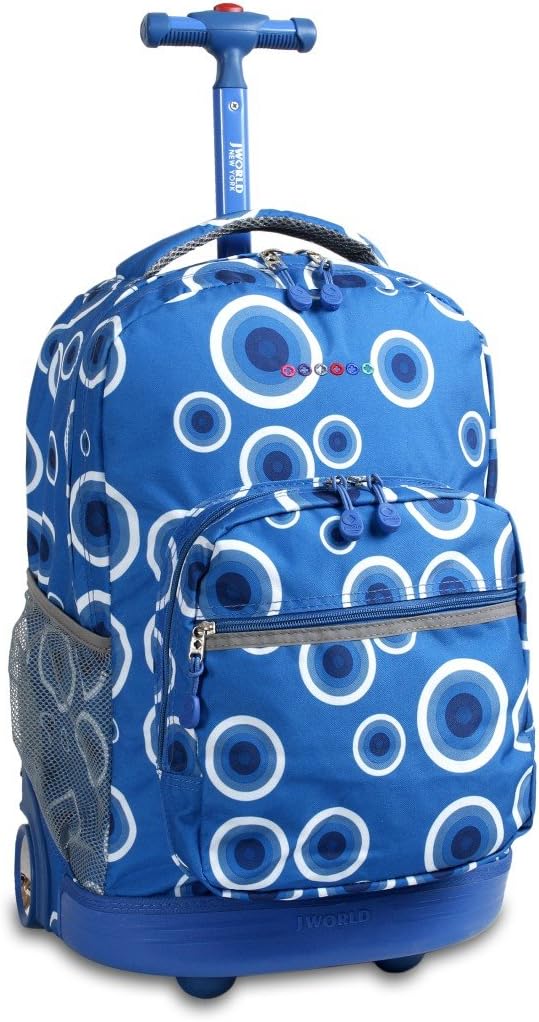 School rolling backpack with plastic bottom for extra protection. JWorld Sunrise model. Blue Target design.