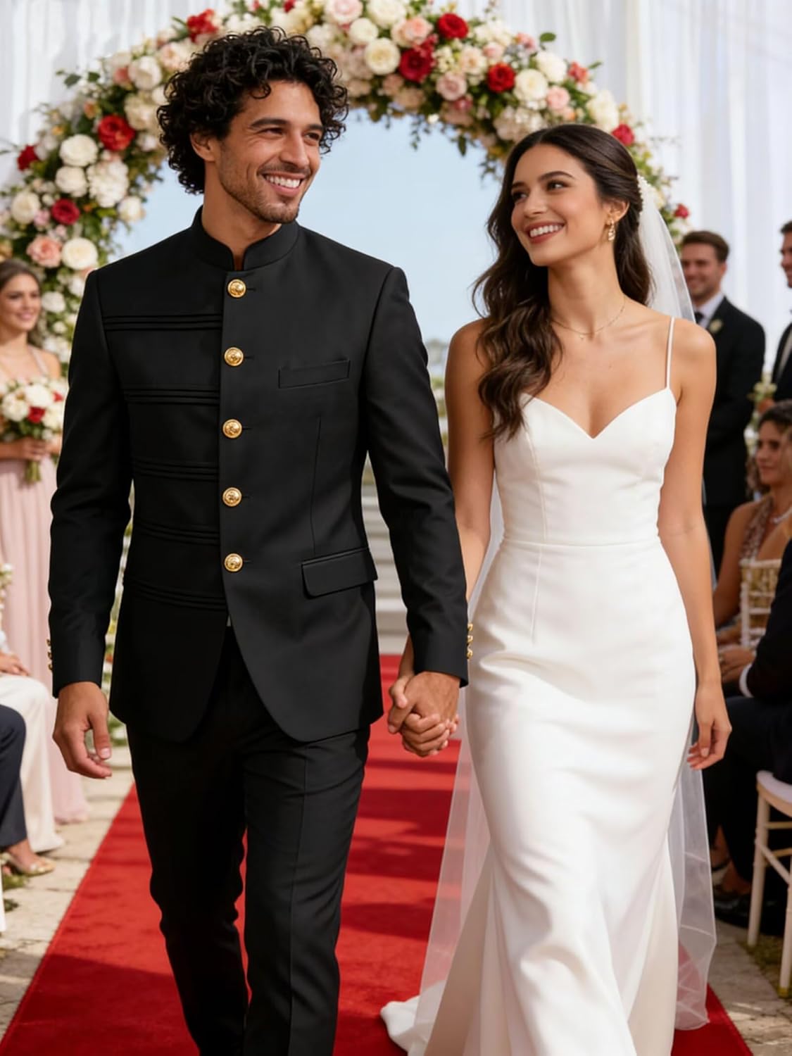 Men's Chinese Tunic Suits Classic Fit 2 Piece Safri Suits for Men Solid Mandarin Collar Gold Button Jacket Pants - Image 2