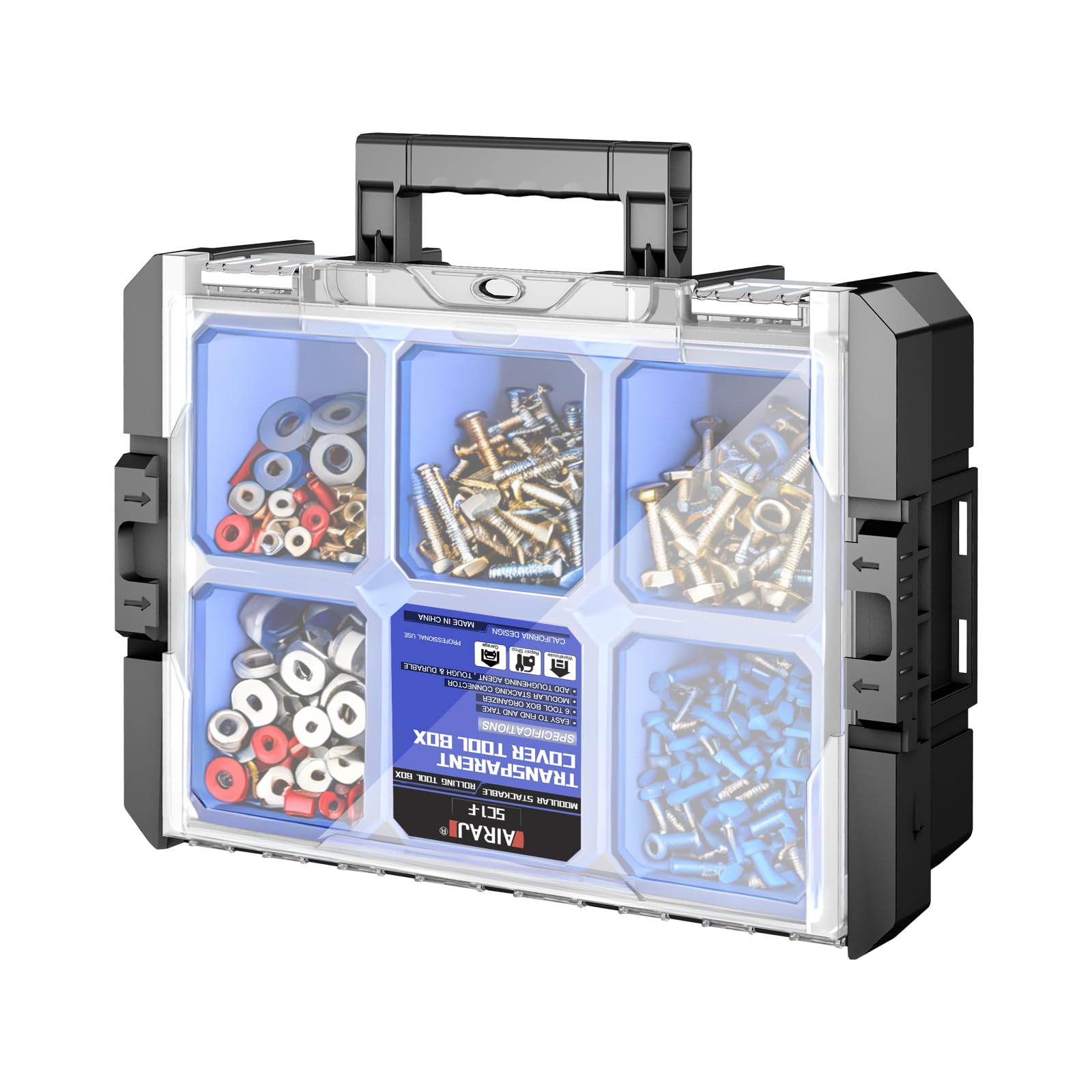 Clear Lid Tool Box | AIRAJ Stackable Modular Tool Organizer Box Storage System | 6 Removable Part Boxes| Garage Storage | Home Repair | Professional Use | (SC1-F)
