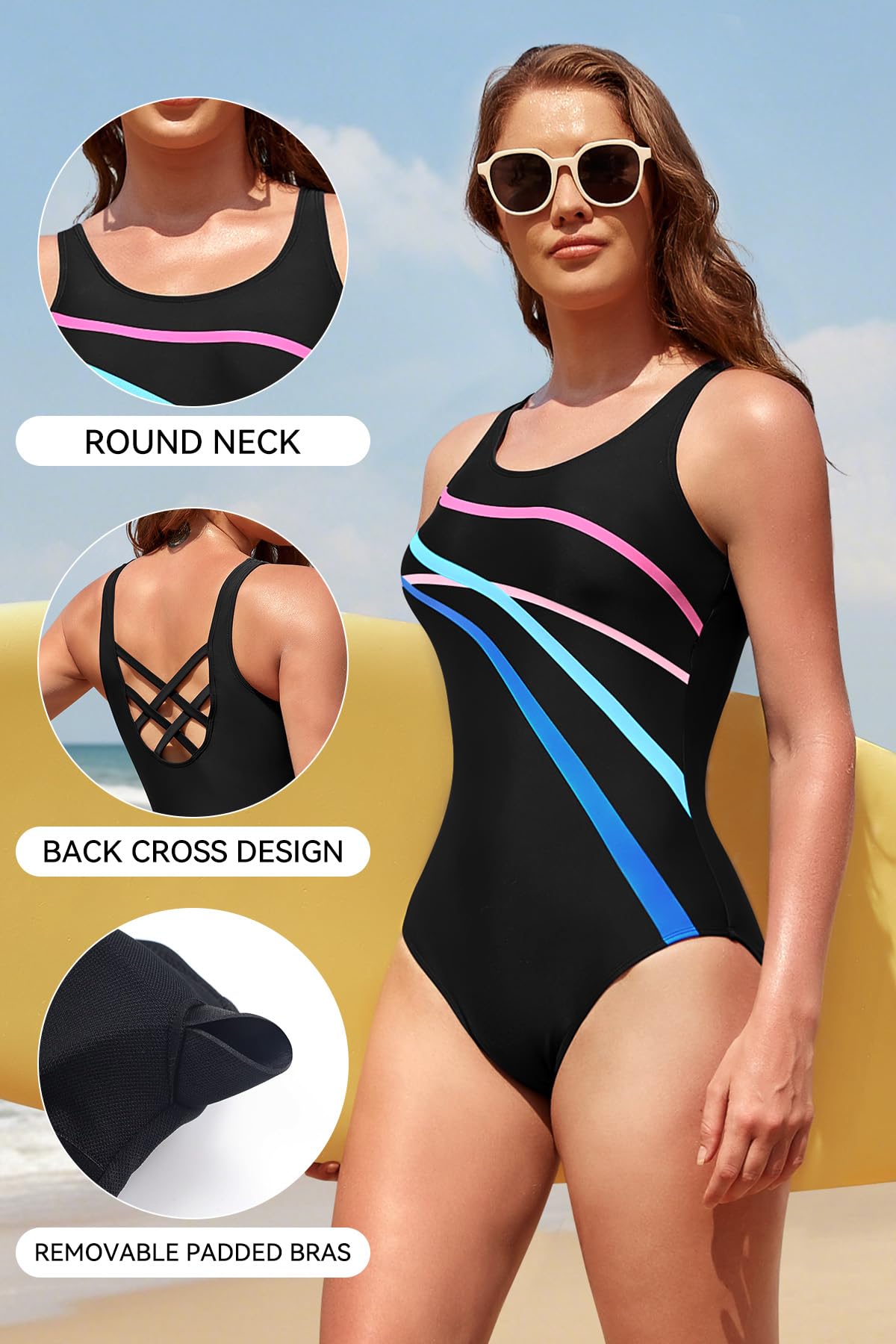 SHEKINI Costume da bagno intero da donna, con stampa incrociata sulla schiena, con stampa sportiva
