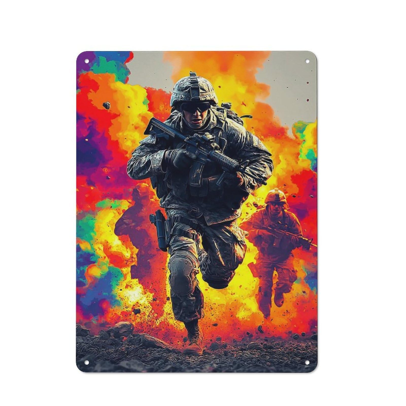 Junmoney Soldiers In Action Amidst Explosions -1 Tin Wall Plaque 40X30cm With For Garage Or Workshop, For Living Room, Hallway And Entrance Wall Decor
