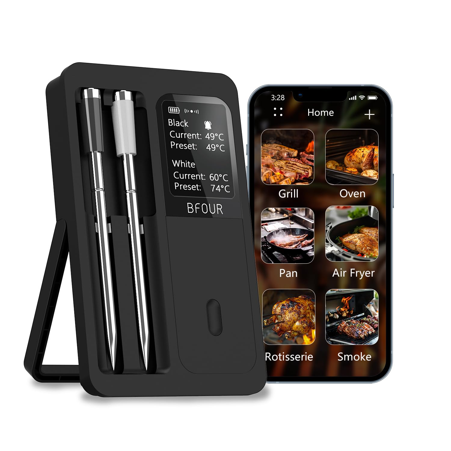 Thermomètre à Viande Sans Fil BFOUR Avec 2 Sondes - Bluetooth 100m Écran LCD Pour Barbecue Et Four