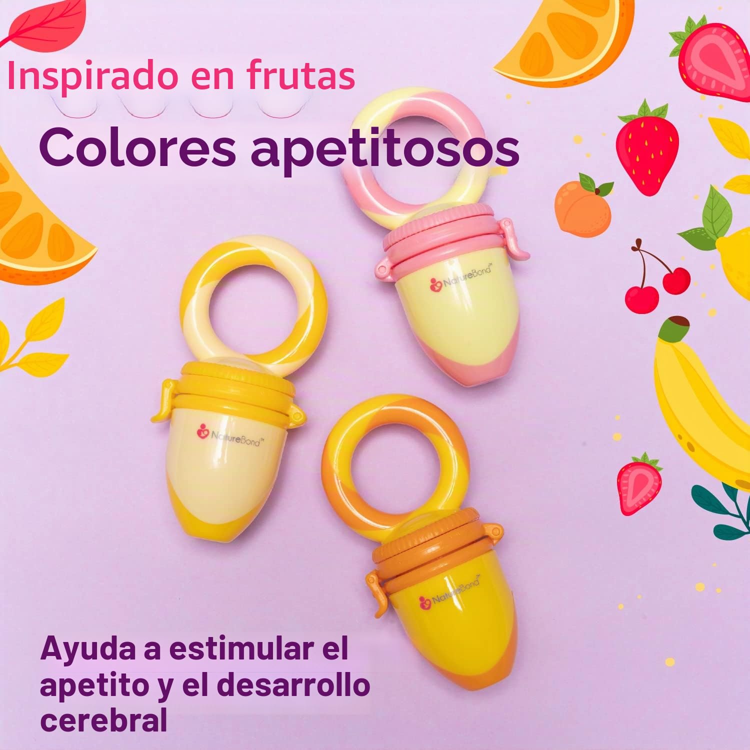 Chupete fruta bebe de NatureBond (2 piezas), mordedores bebes | Además incluye bolsitas de silicona de todos los tamaños (Rosa y amarilla)