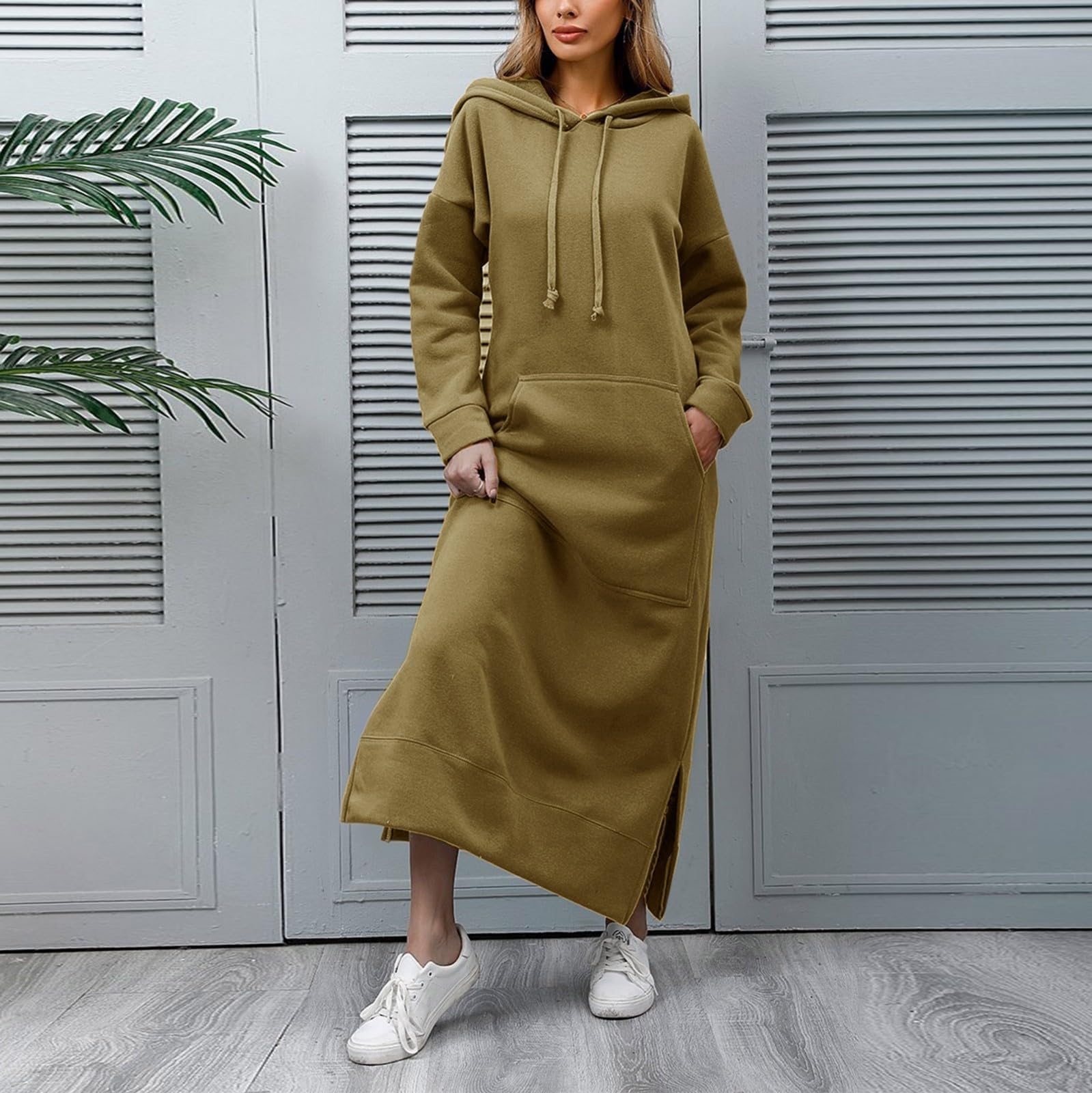 Generisch Damska bluza z kapturem z długim rękawem w dużych rozmiarach, z bawełny, oversize, sukienka z kieszeniami, Maxi Warmy sweter na przytulne dni