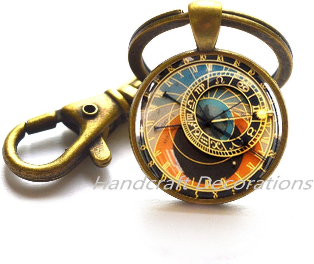 Astronomical Clock Key Ring, Clock Keychain, Prague Keychain, Prague, Geekery Clock, Clock Charm, Steampunk Clock Jewelry, Steampunk Keychain.F050