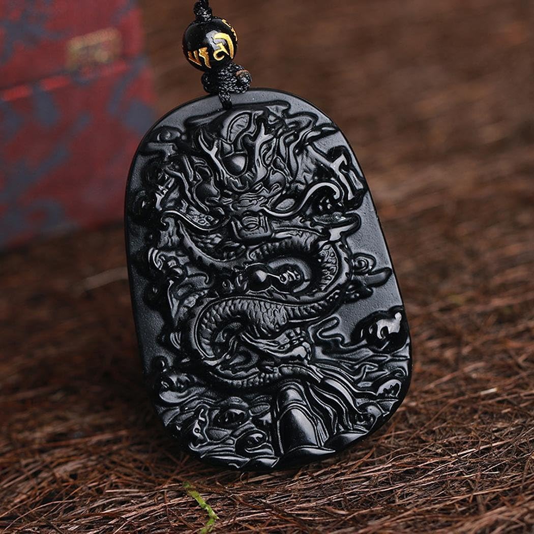 New Natural Hand-Carved Black Obsidian Dragon Necklace with Adjustable Rope