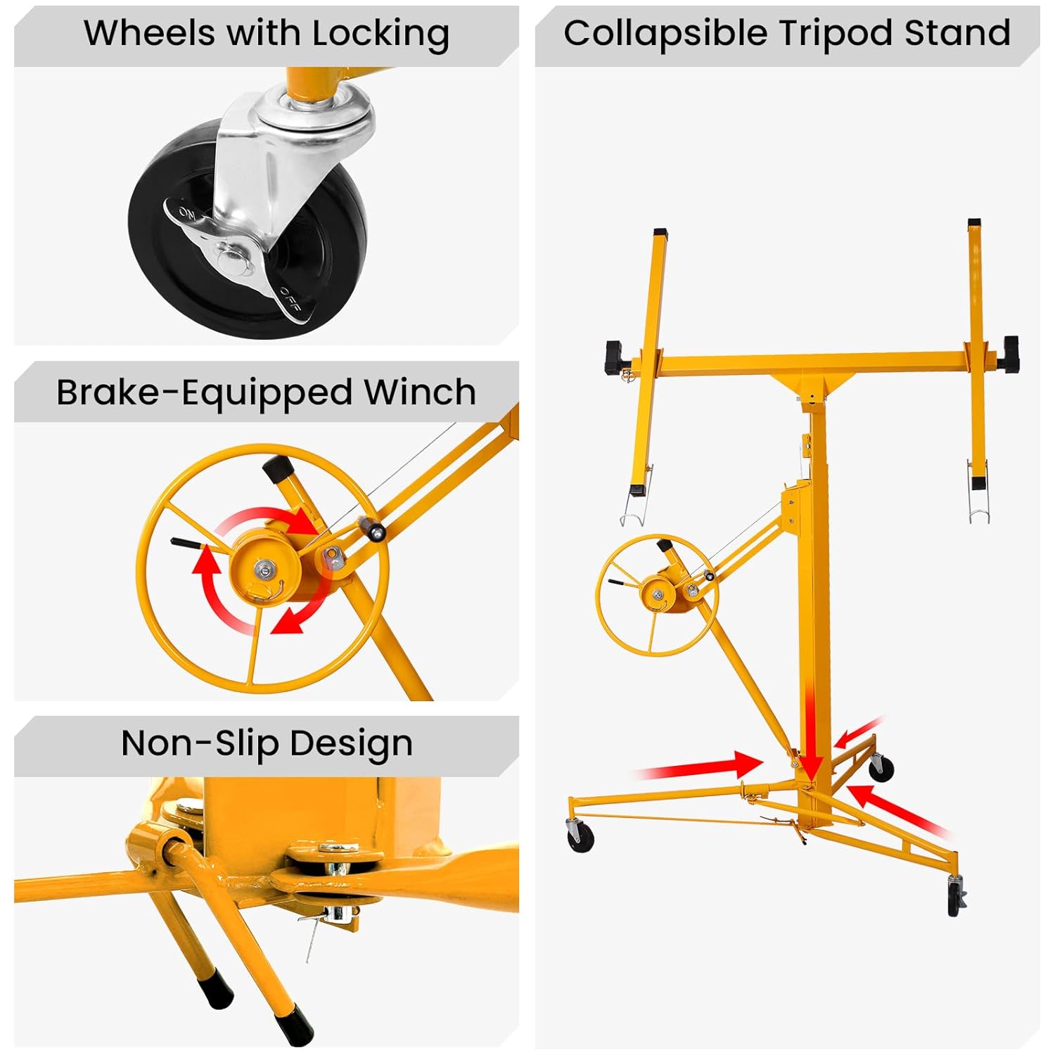 Rovibek Drywall Lift 11FT, Drywall Jack Lift Sheetrock Lift for Ceiling 360° Adjustable, Drywall Panel Hoist 150 lbs Heavy Duty Drywall Lifter, Foldable Sheetrock Lift for Home Improvement (Yellow)