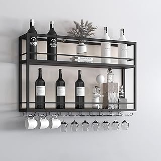 Industrial Wall Mounted Wine Rack, 2-Tier Wood Wine Bottle Shelf with Stemware Rack, Metal Wine Glass Rack Multi Functional Wine Storage Display Rack for Home Bar Dining Room Kitchen (120×20×65cm)