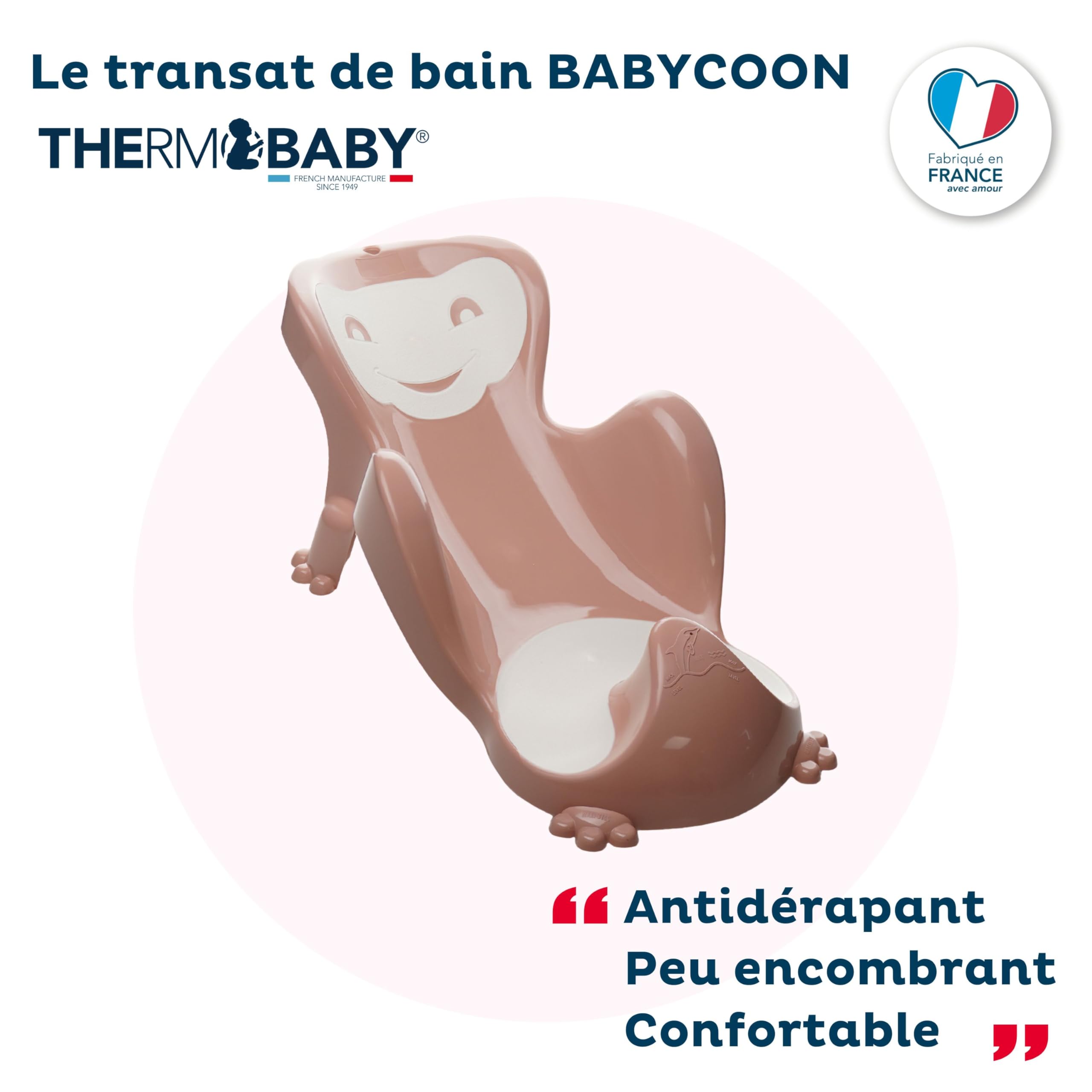 THERMOBABY - Transat de Bain BABYCOON - De la naissance à 8 mois (jusqu'à 8 kg) - Confortable - Ludique - Rose Câlin - Fabriqué en France