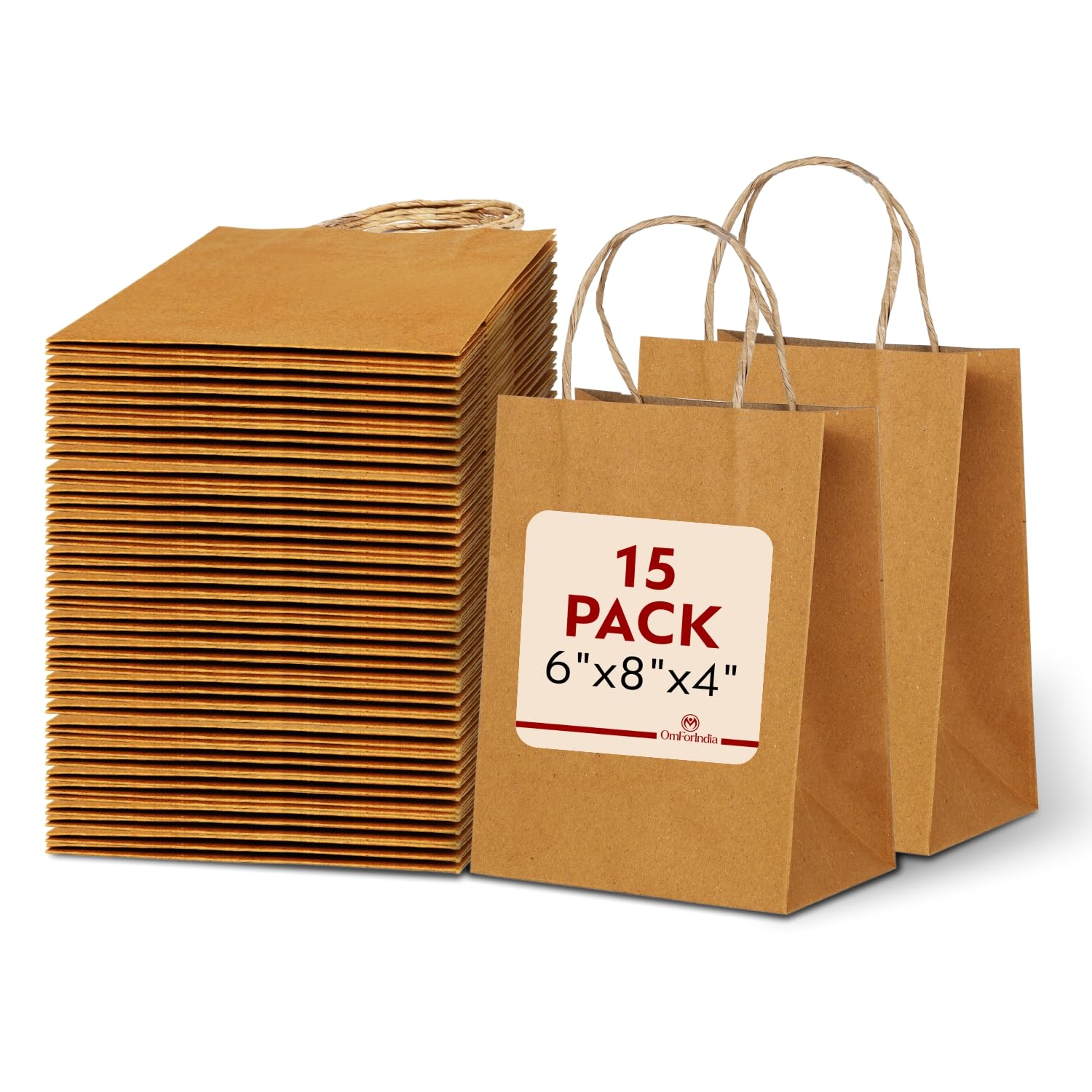OmForIndia Gift Bags | 6"x8"x4" - 15 Pcs | Disposable, Eco Friendly, Brown Kraft Paper Bag | Paper Bags for Return Gifts, Party Favor Goodie Bag Small | Pack Of 15
