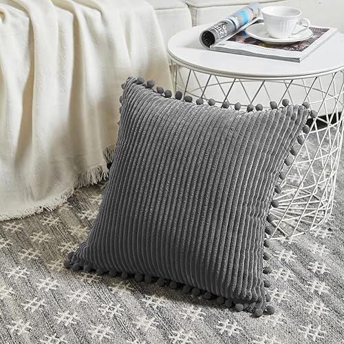 Miniatura 9 de Fancy Homi - Paquete de 2 fundas de cojines, de pana suave y decorativas, con pompones, cuadradas, de color liso, fundas de cojines para sofá,