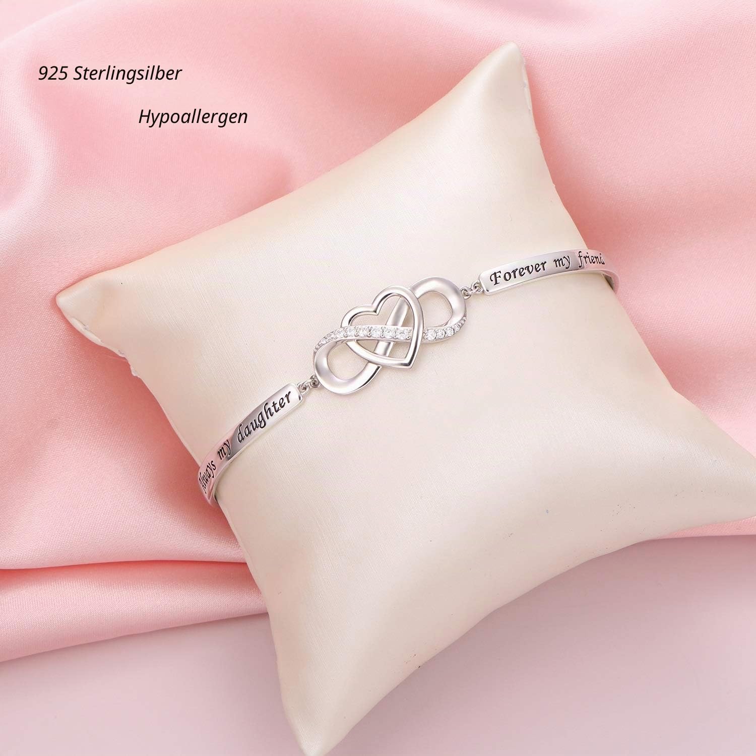Flyow 925 Sterling Silber Unendliches Liebesherz Armband mit Inspirierender Botschaft für Mutter Tochter Schwester, Verstellbarer Armreif Armband Schmuck Geschenke