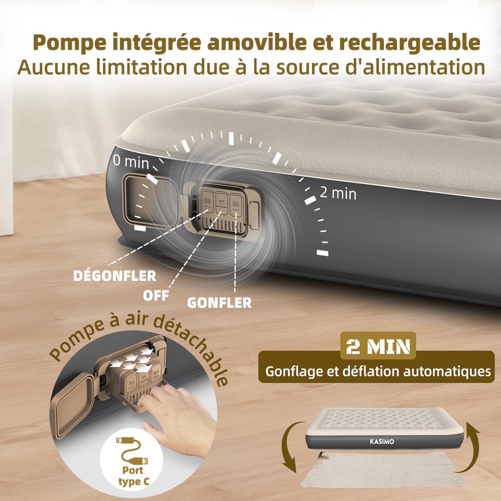 KASIMO Matelas Gonflable 1 Place, Pompe Électrique sans Fil Intégrée, Matelas Gonflables TPU Matériau, Gonflage Rapide 2 Min, Lit Gonflable 90x190x22cm pour Camping et Invités
