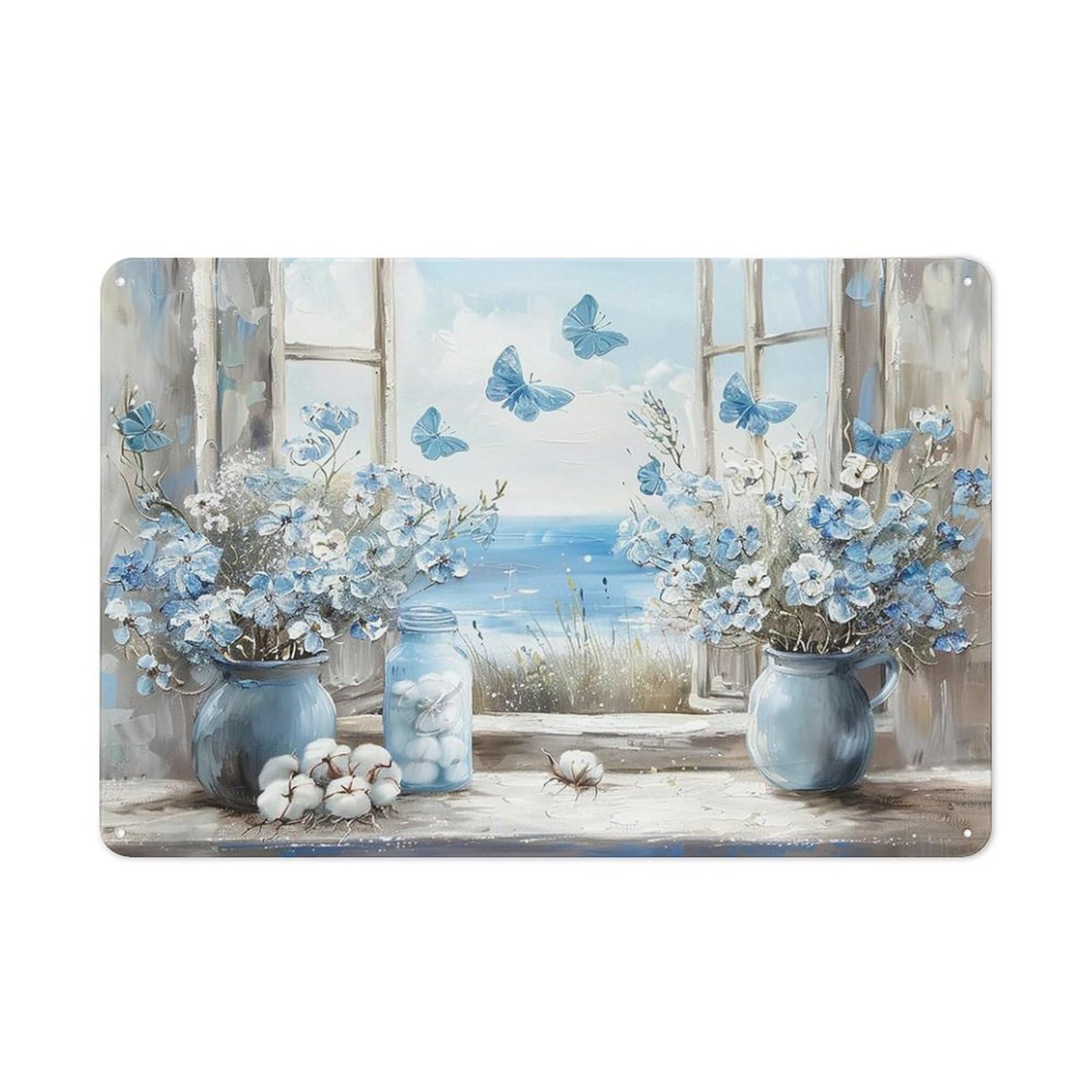 Rustic Metal Tin Sign, Blue Flower Bouquet Sea View Print, Rustic Bathroom Butterfly Decor 12x8 Inch