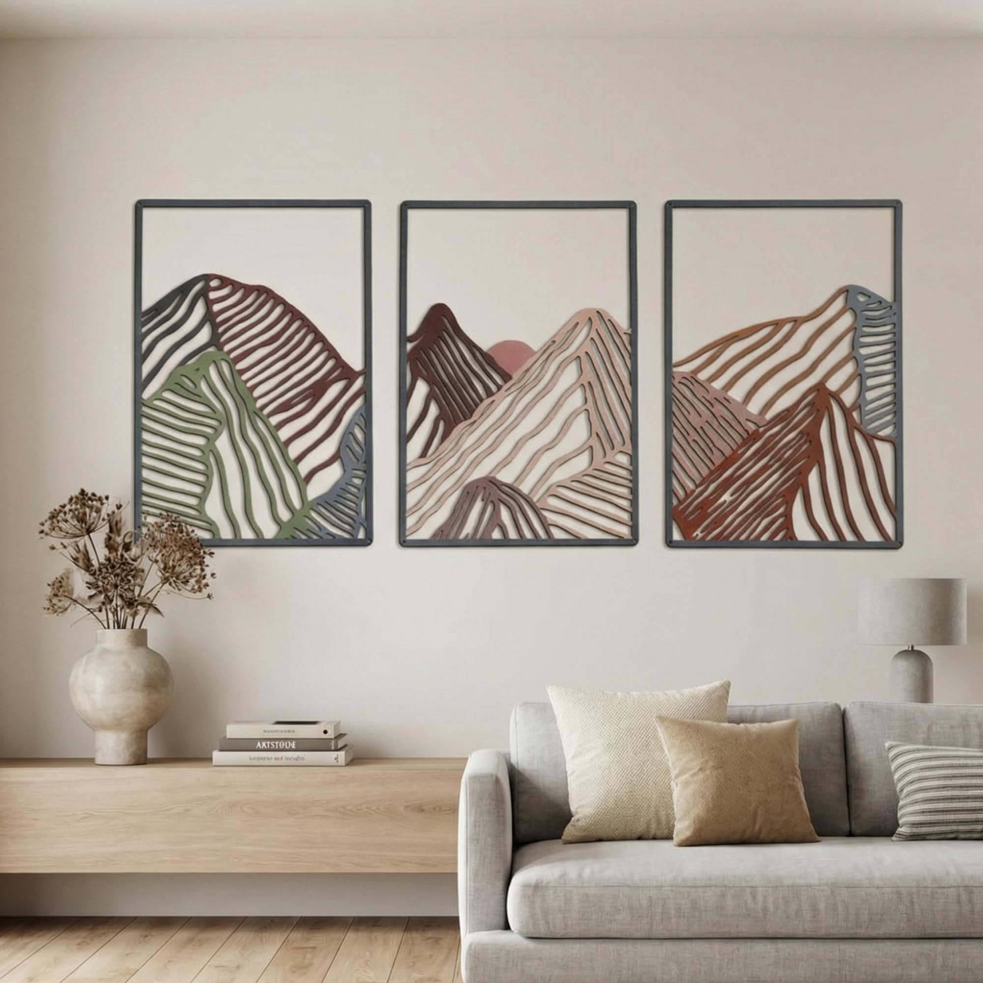 Peryiter 3 Pcs Metal Wall Art Decor Landscape Mountain Wall Hanging Decor for Living Room Abstract Minimalist Modern Mountain Line Pictures Bathroom