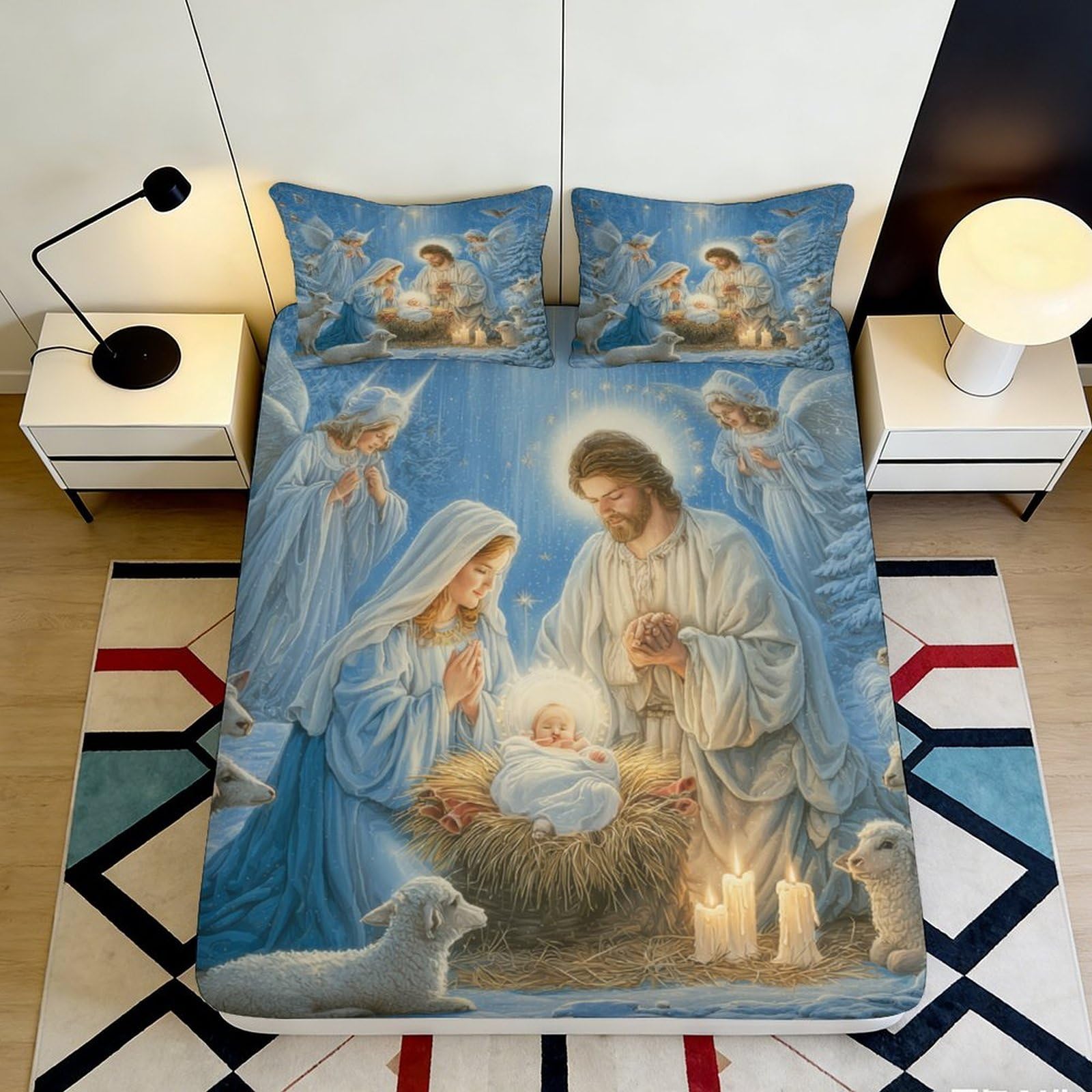 Pnayamiorkfel Style-3 3D Printed Nativity Scene Fitted Sheet Microfiber Blue Christmas Angel Bed Cover For Bedroom Guest Room Decoration 90X200x25cm