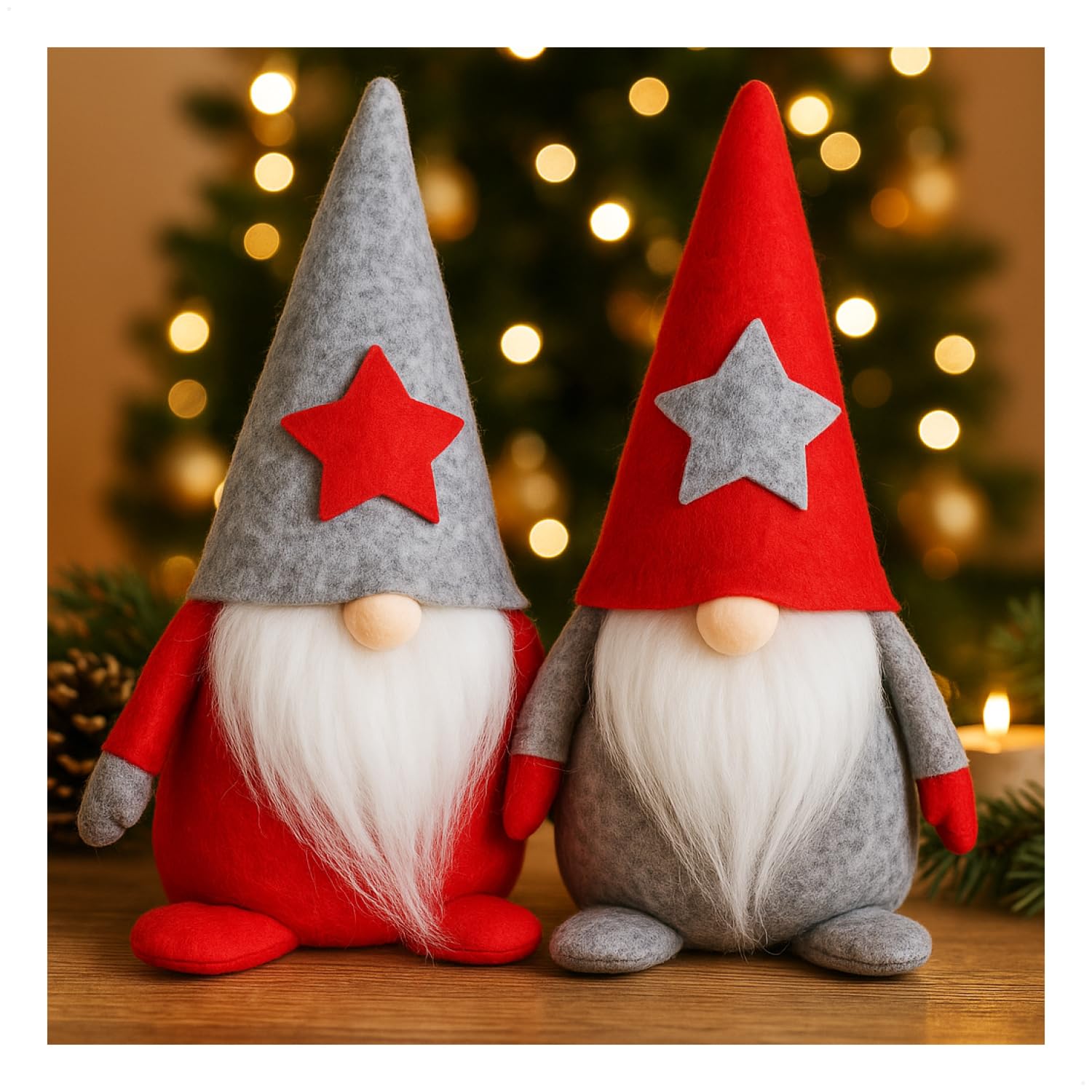Com-Four 2X - Grey/Red Com-Four® 2X Christmas Gnomes 25 Cm, Scandinavian Troll Décor, Winter Dwarf Figure, Decorative Standing Gnome With Beard And Hat For Christmas ()