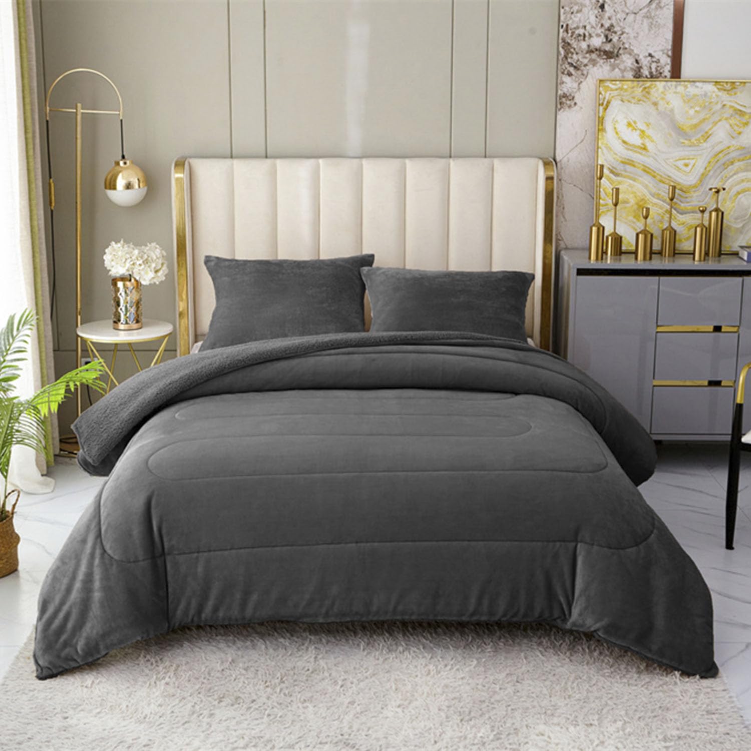 TIENDA EURASIA – Edredón Borrego Liso | Material Externo 100% Poliéster y Material Interno Sherpa Polar | Función 2 en 1 | Funda de Almohada | Edredon Borreguito Cama (Gris Oscuro, Cama 90/105)