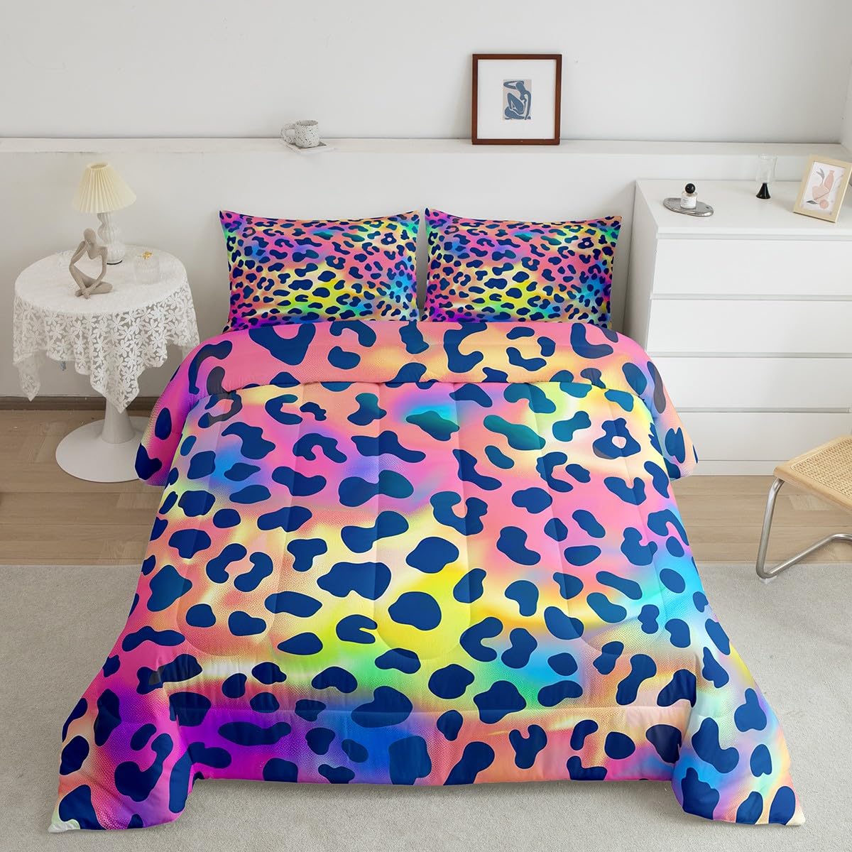 Feelyou Leopard Print Comforter Set Africa Cheetah Print Bedding Set Rainbow Leopard Design Comforter for All Season for Boys Girls Kids Women Room Decor Safari Animal Duvet Set Full Size Boys