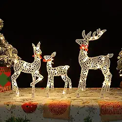 YEmirth Prelit de Natal 3D, conjunto de 3 decorações de Natal com rena iluminada, corça, fulva, decorações para quintal ao ar livre