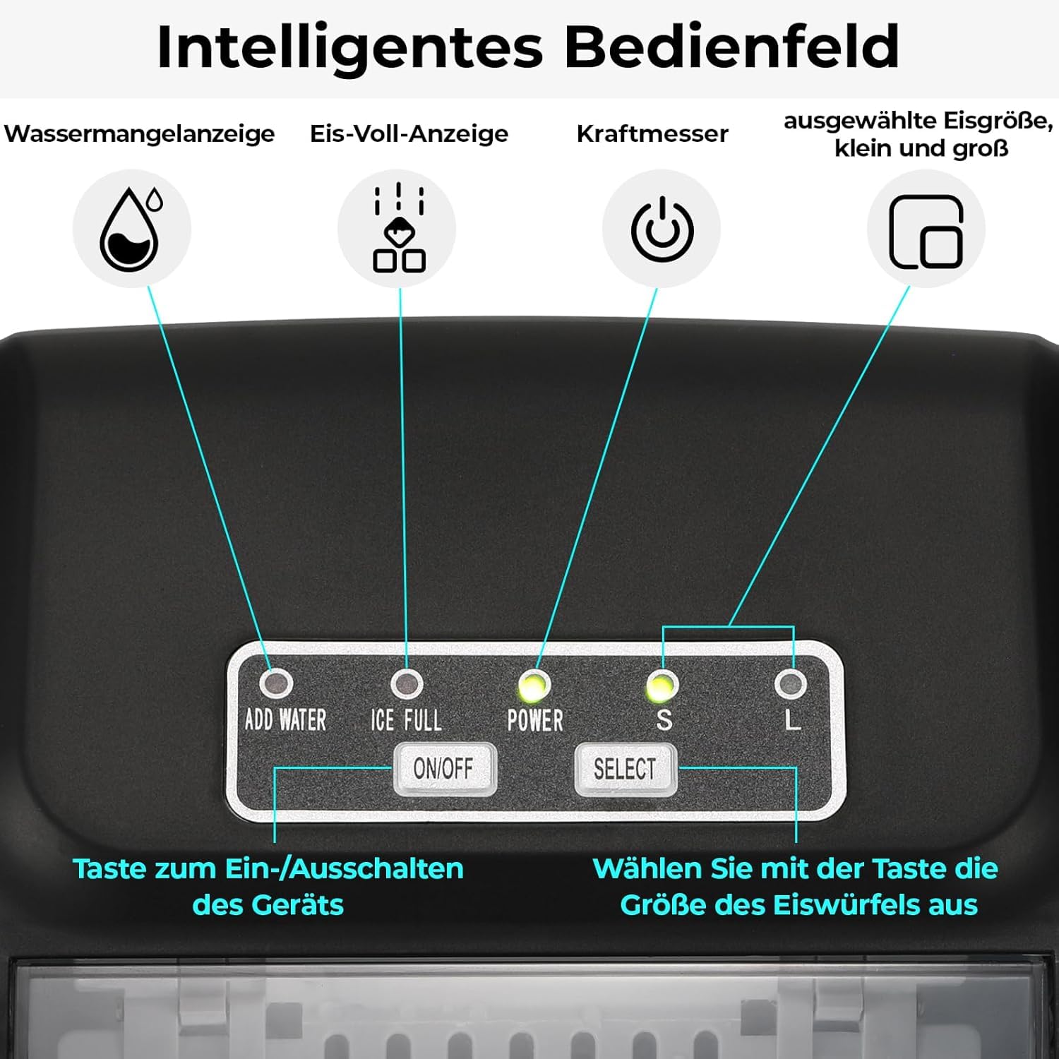 Maquina de Hielo, 9 Cubitos de Hielo en 6 Minutos,12kg/24h, 2 Tamaños de Cubitos, Maquina de Hacer Hielo con Autolimpieza, con Asa de Transporte/Pala para hielo, Maquina Hielo para Casa/Cocina/Oficina