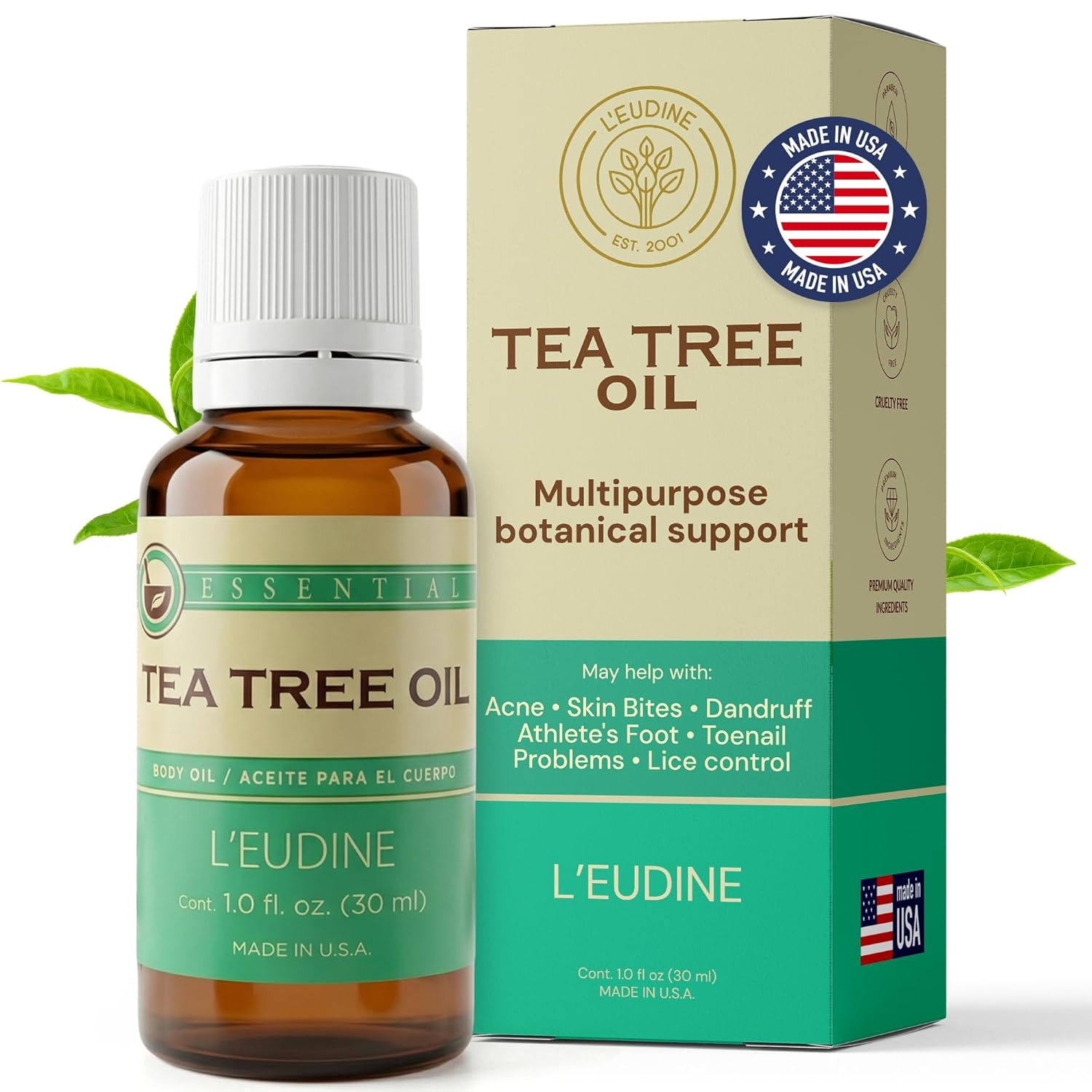 L’EUDINE Tea Tree Oil – 1fl Oz Multipurpose Body Oil for Acne, Toenail Problems, Dandruff, Skin Bites, Lice – Made in USA – All-Natural and Safe Essential Oil – Refreshing on Clothes, Cleaning