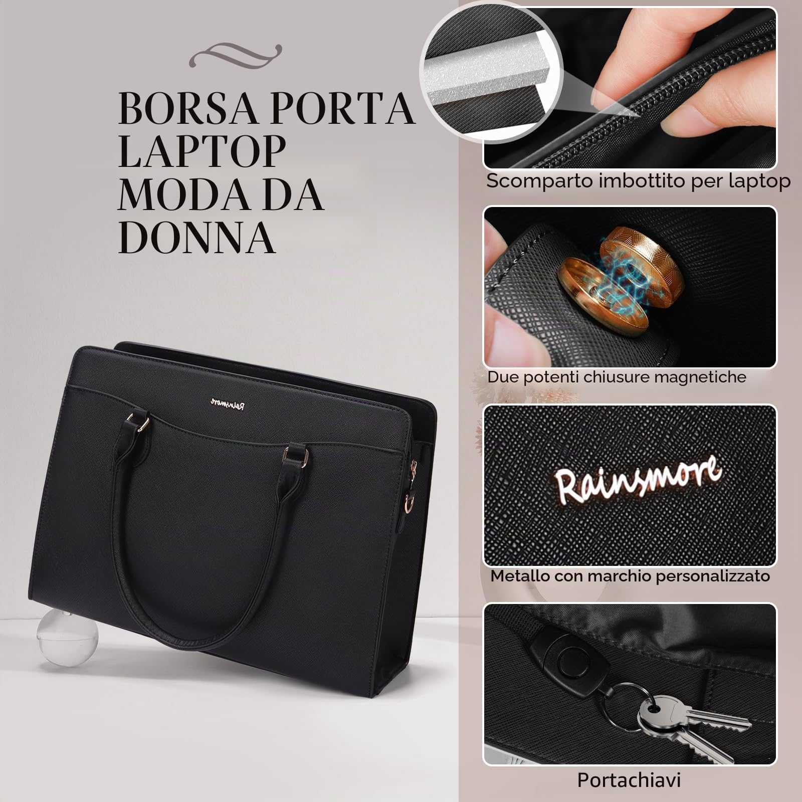 RAINSMORE Borsa Università Donna in Pelle PU Porta PC Impermeabile Nera Tracolla Shopper Business Lavoro