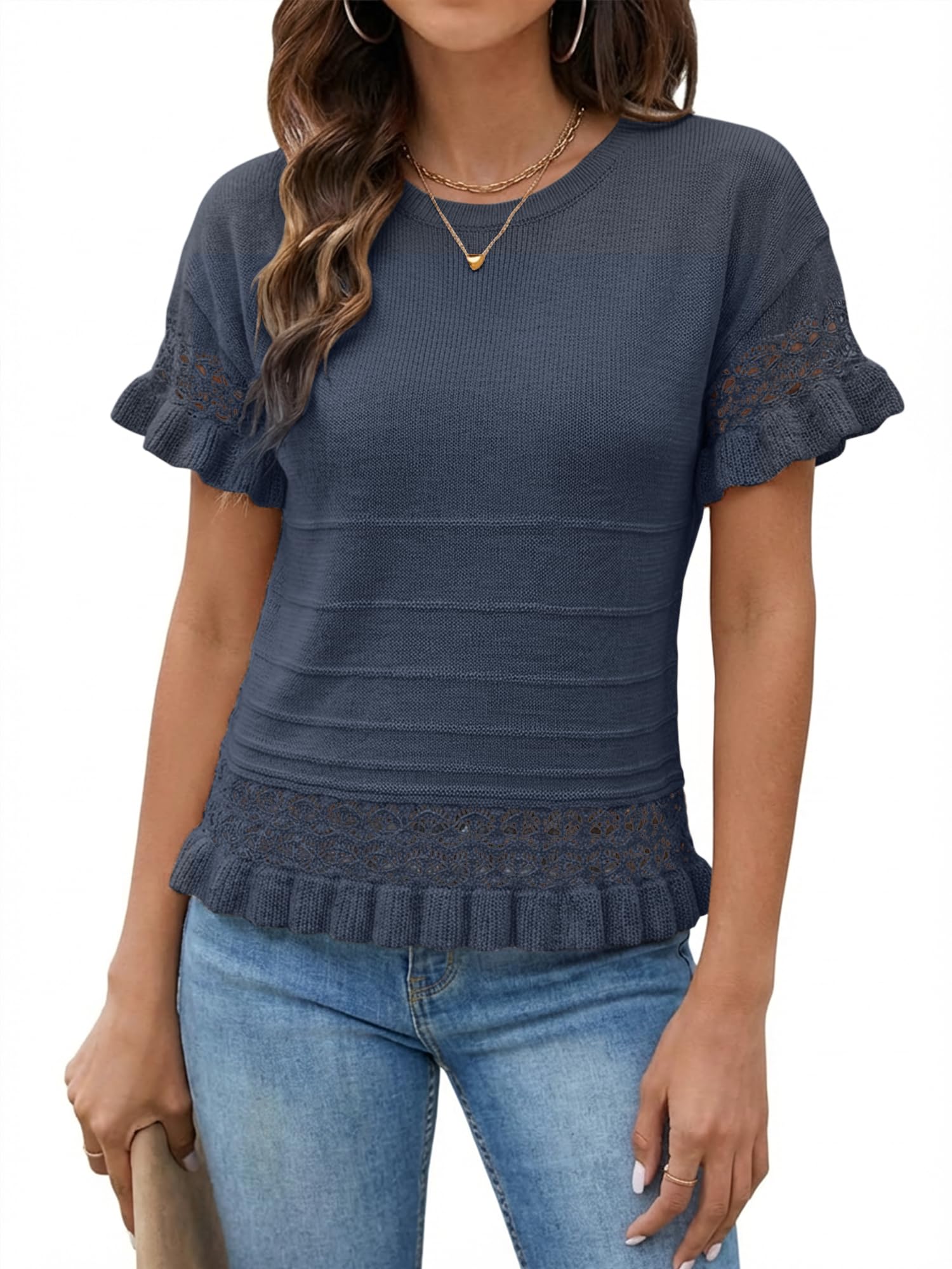 LaGracia Womens Short Sleeve Sweater Round Neck Ruffled Hem Cropped Knit Crochet Sweaters Casual Summer Spring Tops 2026