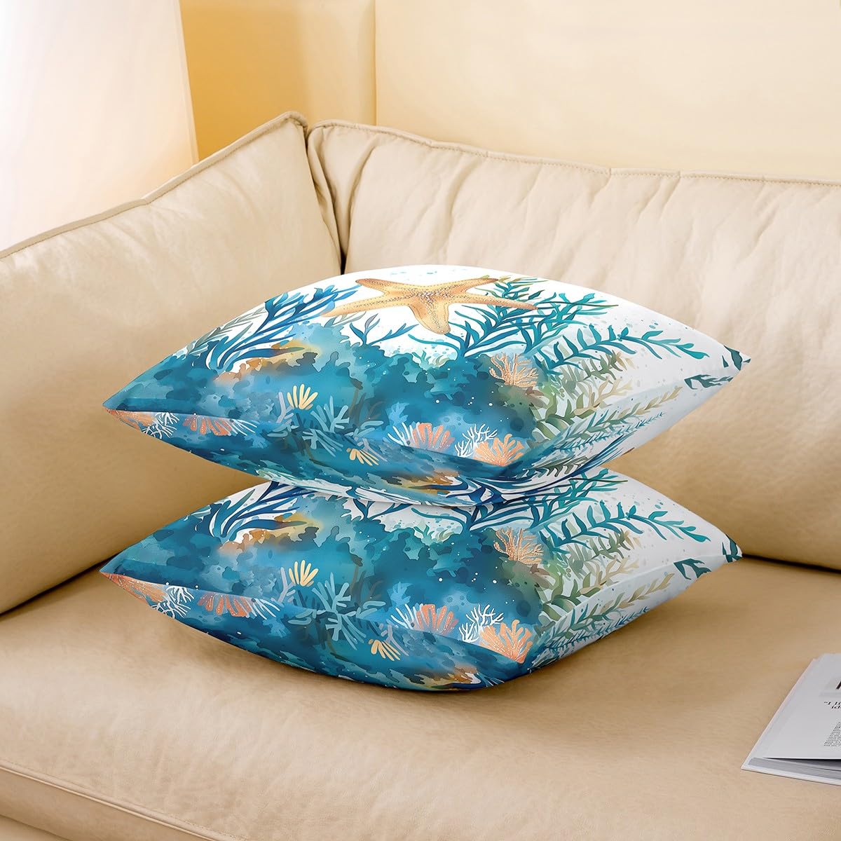 Homemissing Ocean Square Cushion Covers Set of 1 for 60x60cm Starfish Reversible Throw Pillow Covers Seaweeds Pillow Covers Marine Life Sea Throw Pillowcases for Sofa Couch Chair Vivid Blue - Image 3