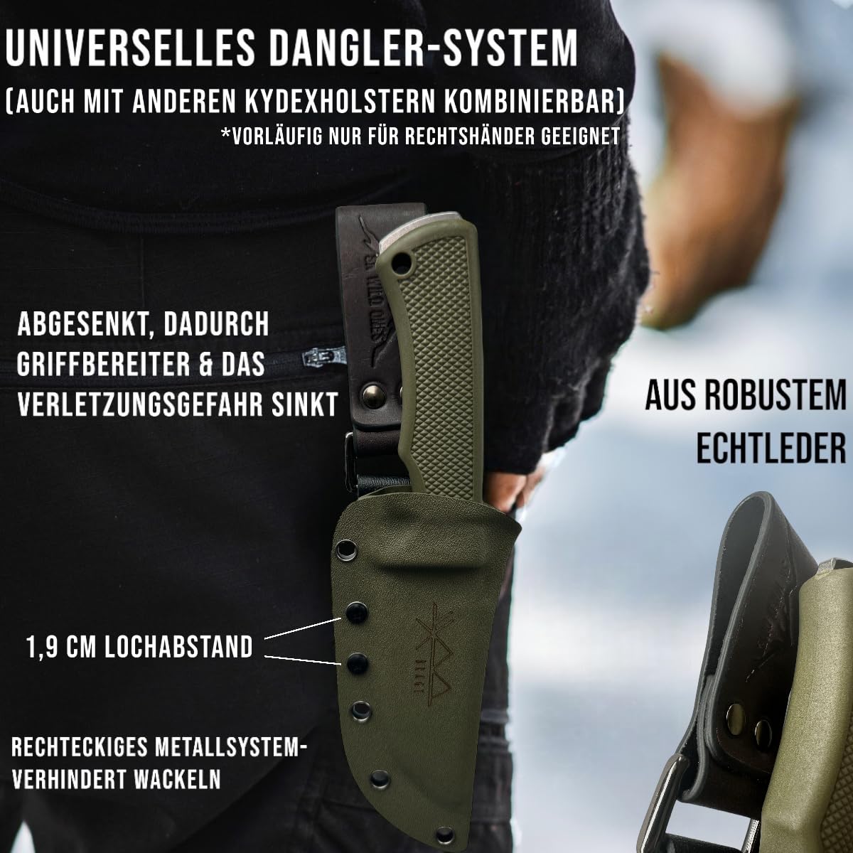 SK Wild Ones® Outdoor-Messer – feststehendes Werkzeug mit Echtleder- & Kydex-Dangler – EDC-Messer – aus 440C Edelstahl – Grün – Bragi