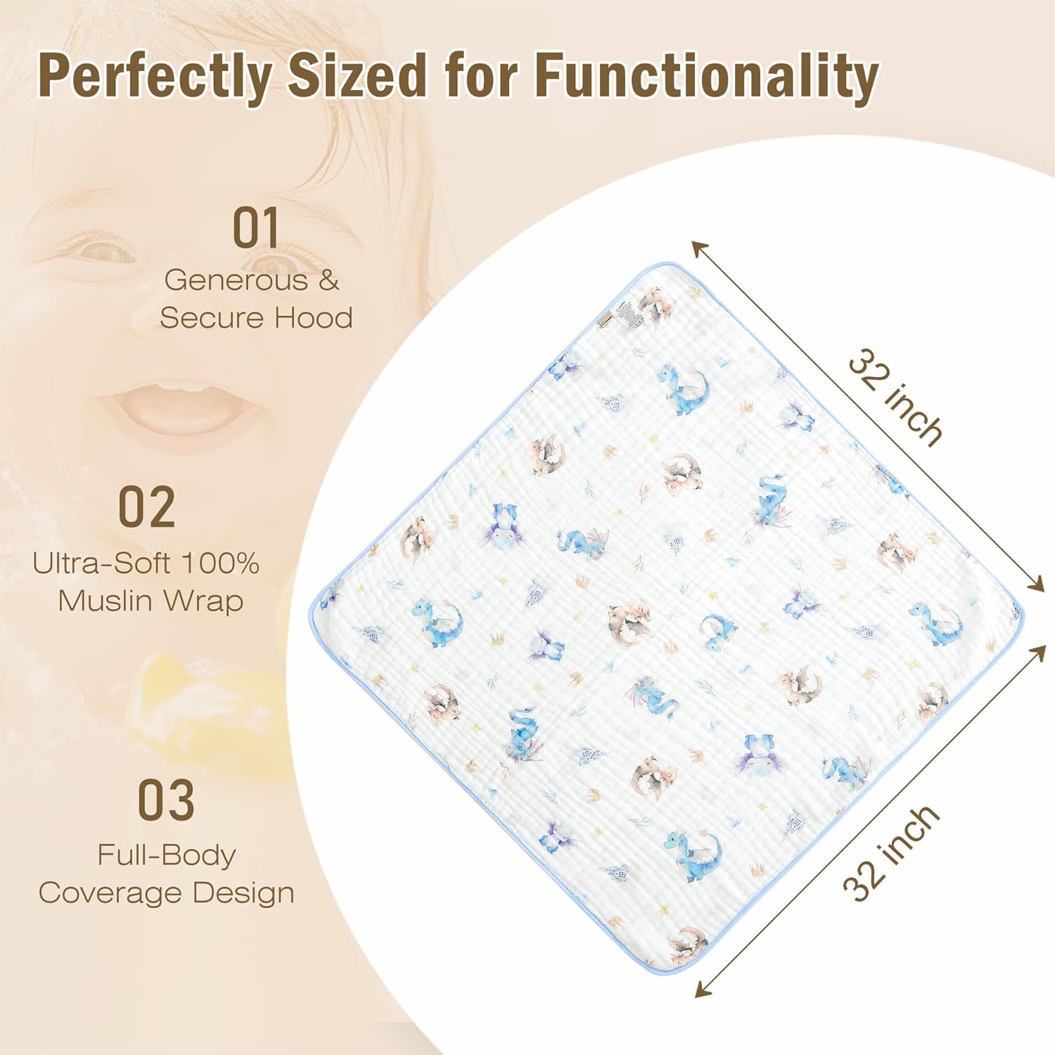 Hooded Baby Bath Towels 2 Pack 32x32 Inch, 100% Cotton Soft & Highly Absorbent, Blue Castle & Baby Dragon Design, Baby Towel Set with Wash Mitts, Gentle for Newborn, Infant & Toddler