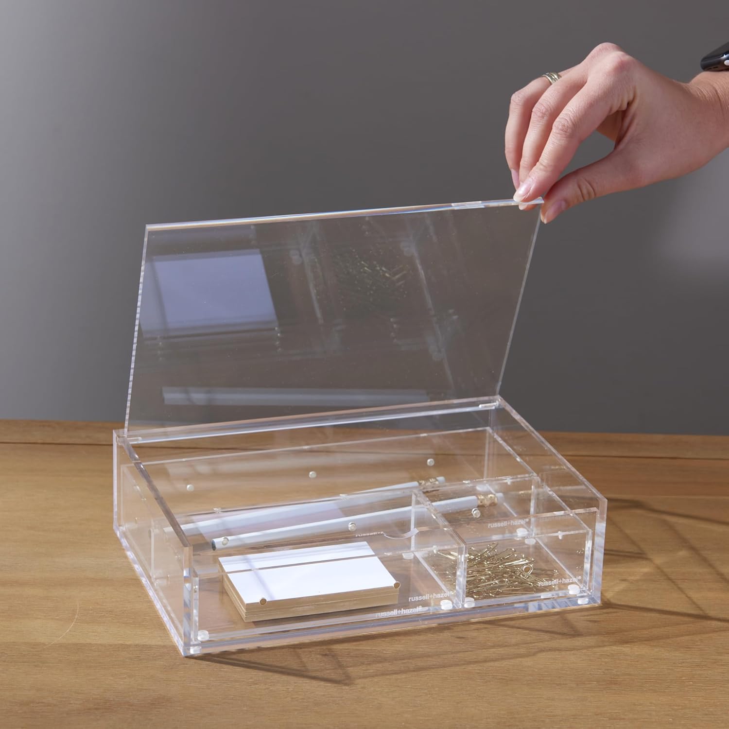 RUSSELL+HAZEL Medium Acrylic Flip Box, 9.5” x 6.5”, Desktop Organization, Clear, 1 Count, 98147